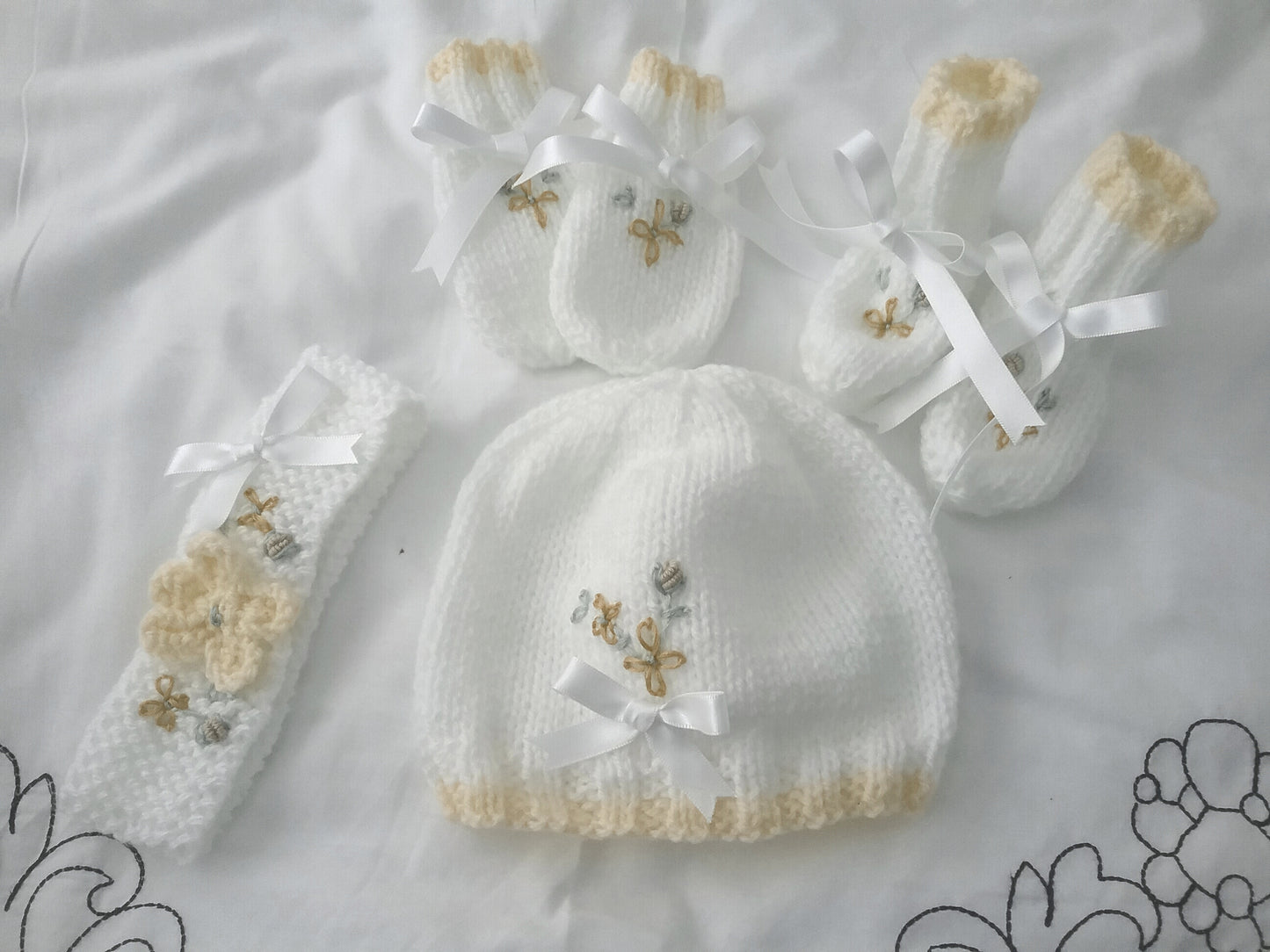 Charming Baby Girl Accessories: Embroidered Hat, Mittens, Boots, and Headband