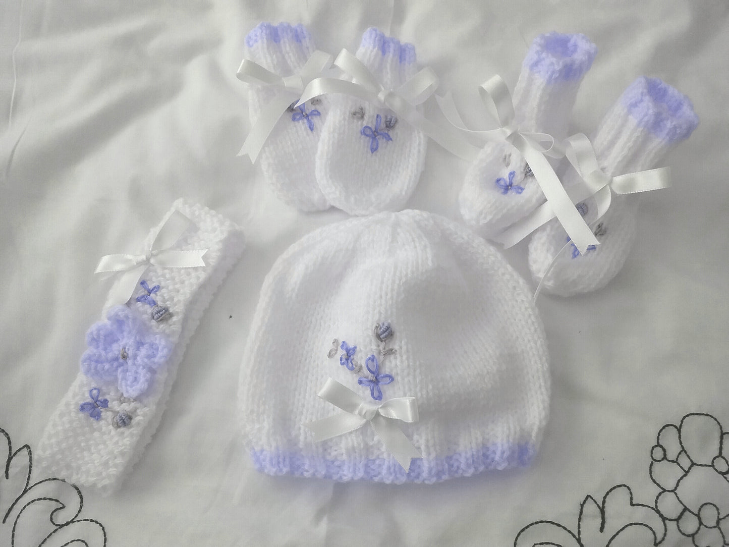Charming Baby Girl Accessories: Embroidered Hat, Mittens, Boots, and Headband