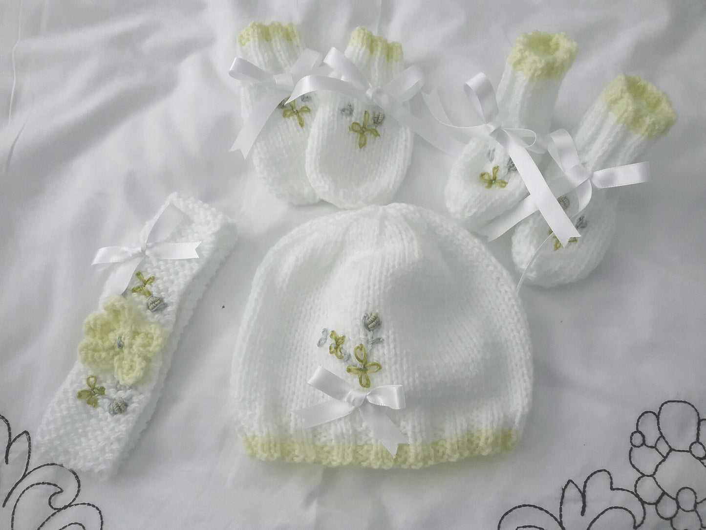 Charming Baby Girl Accessories: Embroidered Hat, Mittens, Boots, and Headband