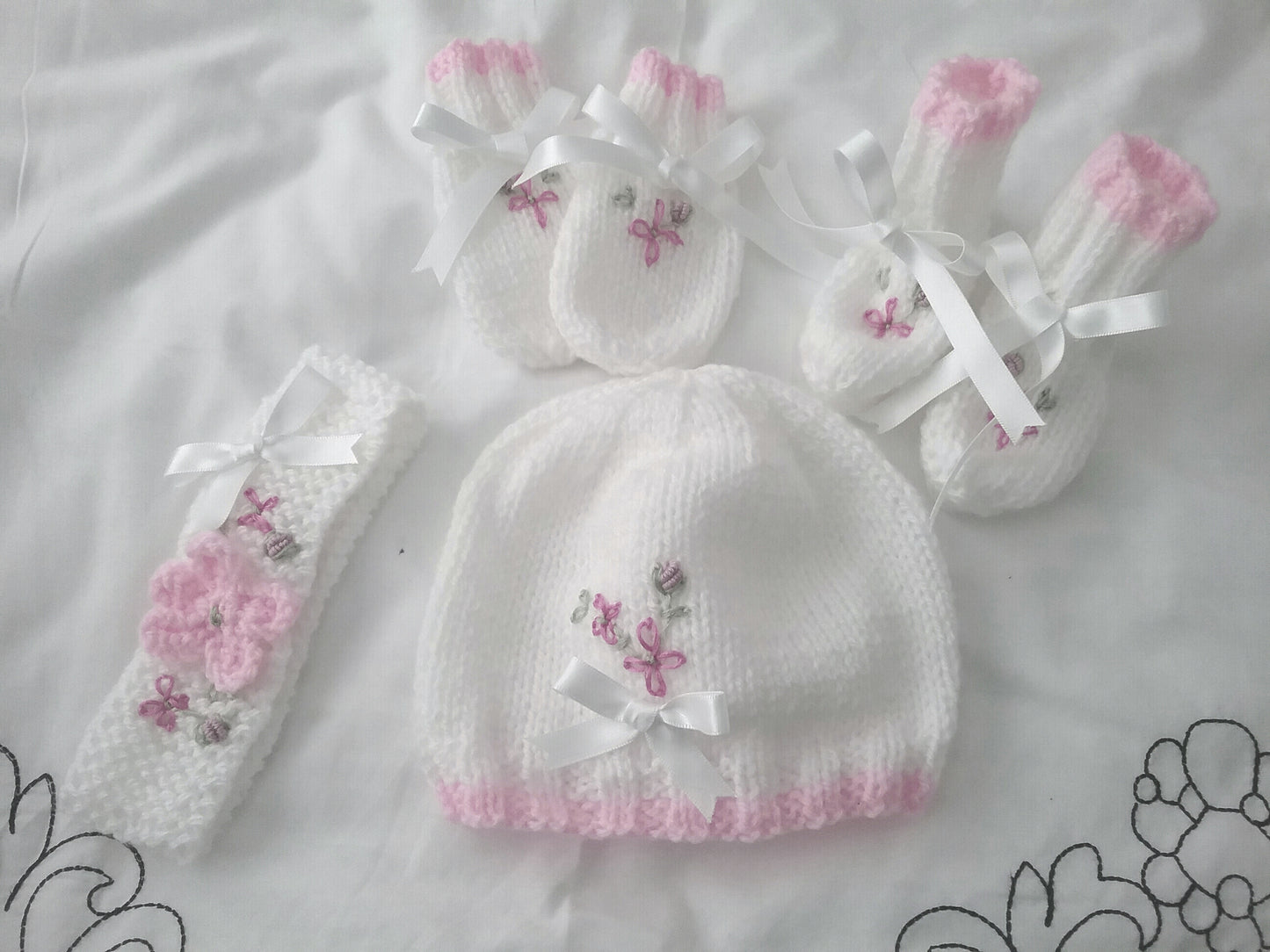 Charming Baby Girl Accessories: Embroidered Hat, Mittens, Boots, and Headband
