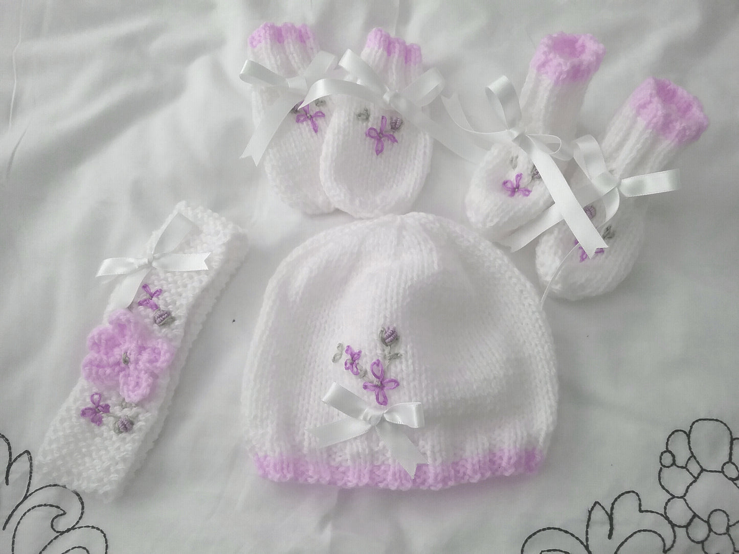 Charming Baby Girl Accessories: Embroidered Hat, Mittens, Boots, and Headband