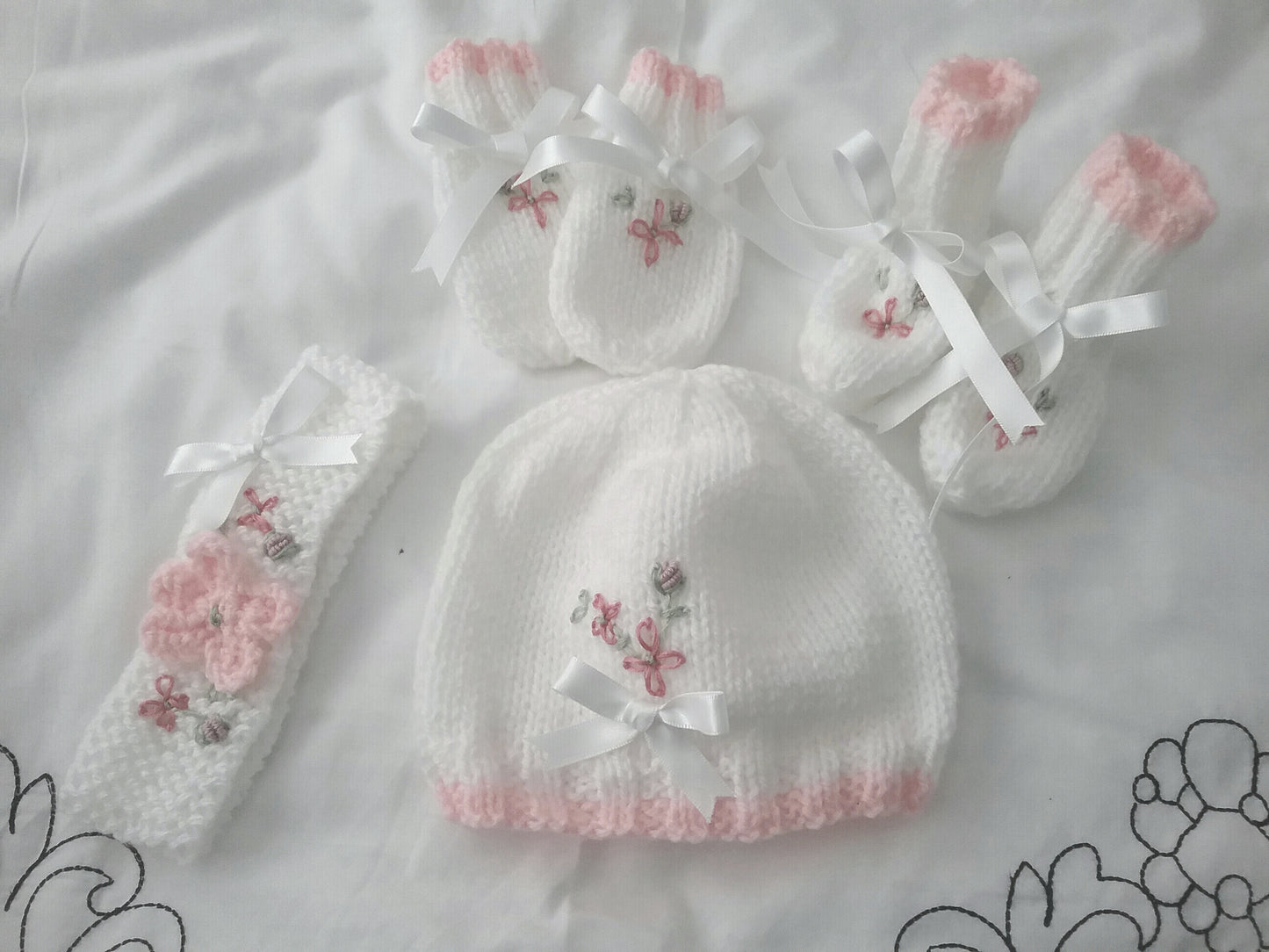 Charming Baby Girl Accessories: Embroidered Hat, Mittens, Boots, and Headband