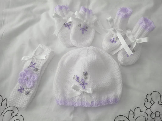 Charming Baby Girl Accessories: Embroidered Hat, Mittens, Boots, and Headband