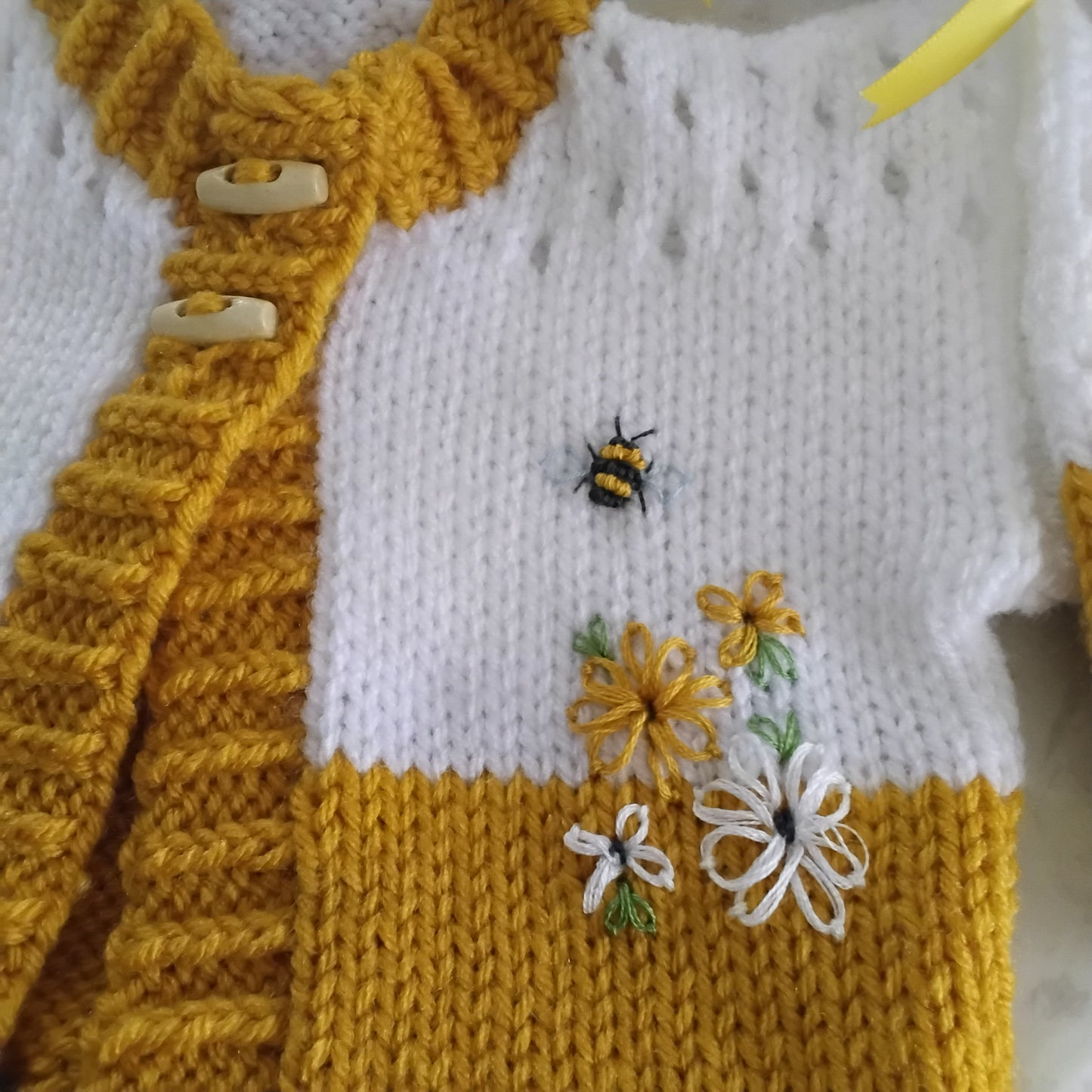 Hand Knitted Girls Cardigan Set with Bow Headband & Boots, Daisy & Bumblebee Embroidery
