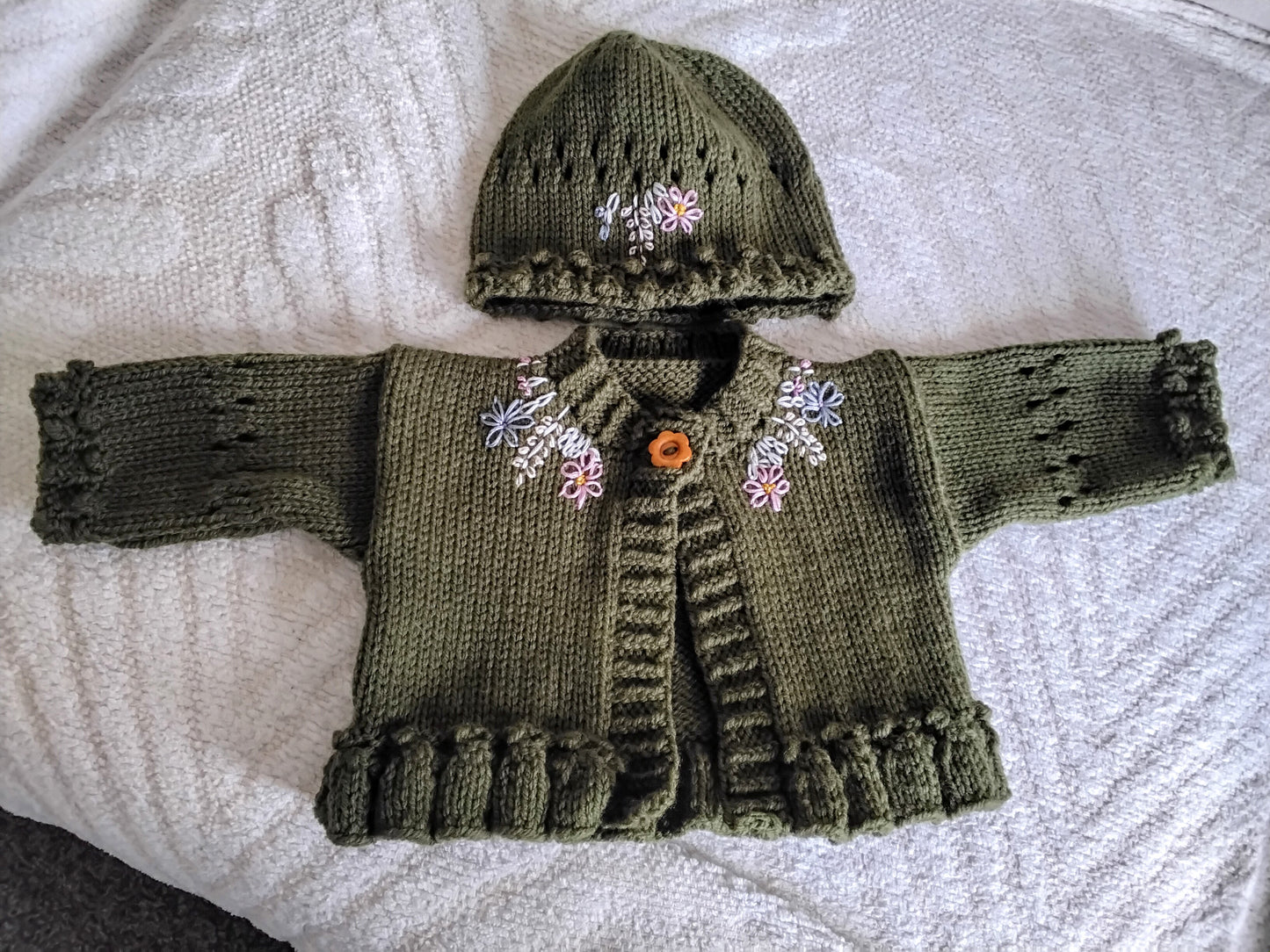 Hand-Knitted Baby Girl Cardigan & Hat Set – Olive Green with Embroidered Flowers
