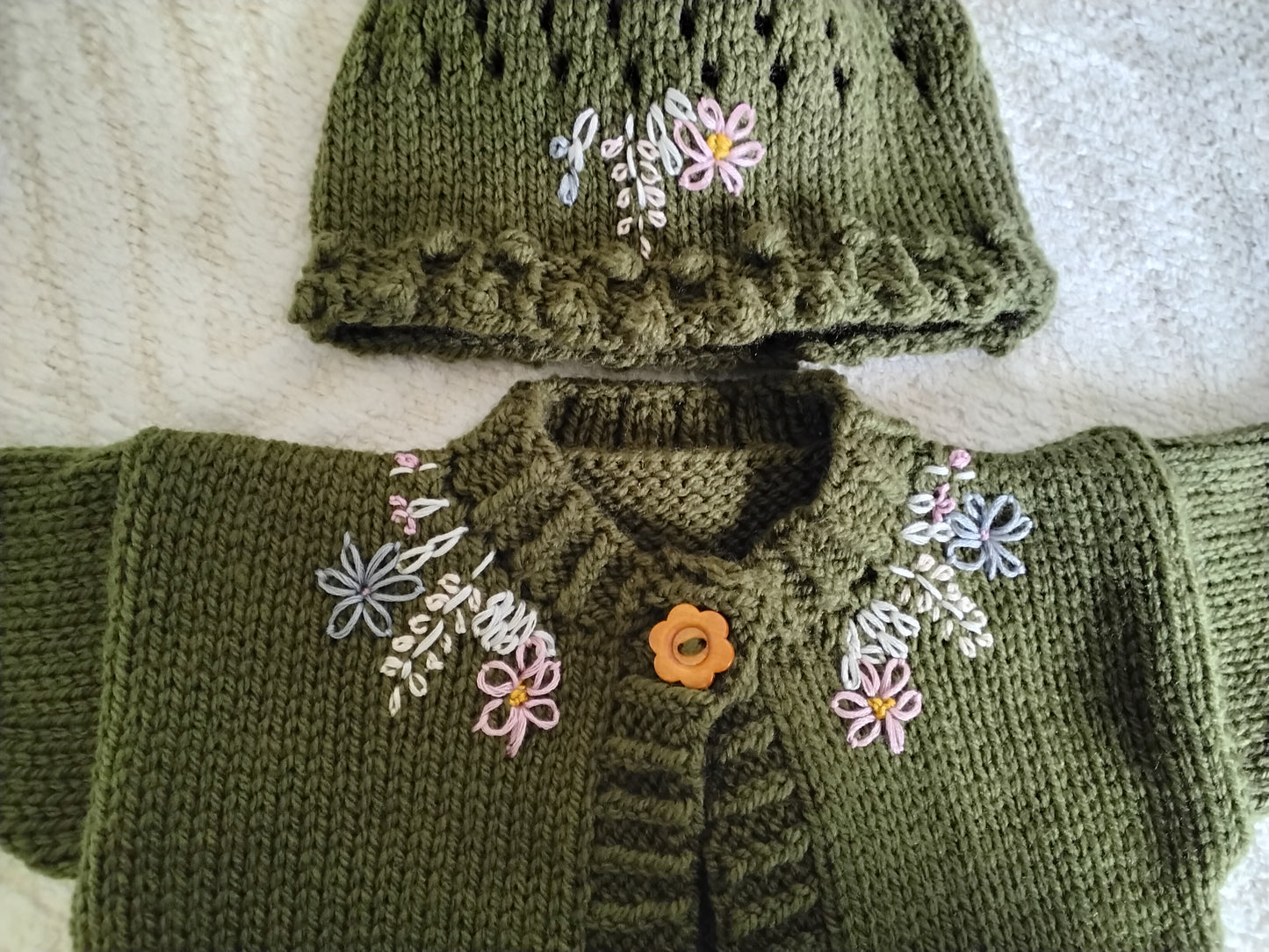 Hand-Knitted Baby Girl Cardigan & Hat Set – Olive Green with Embroidered Flowers