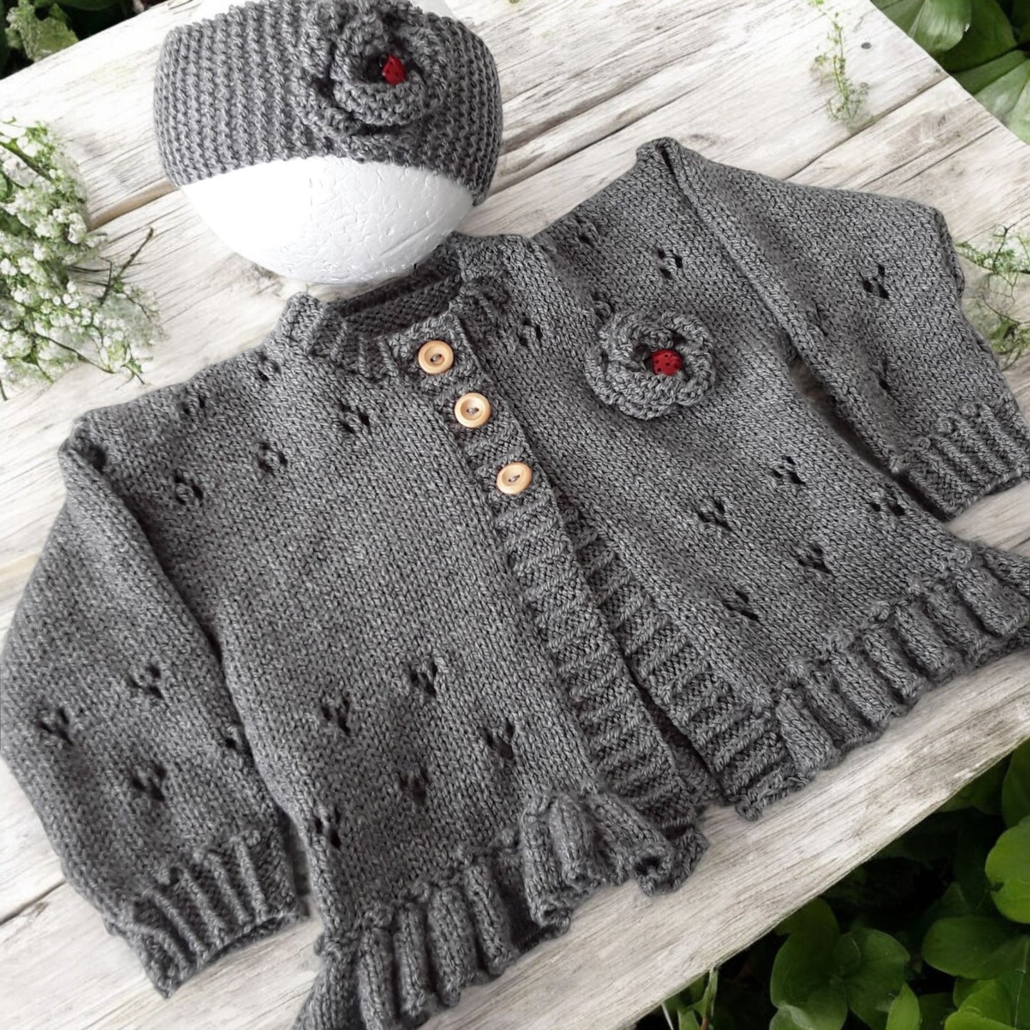 Hand Knitted Girls Cardigan & matching headband knitted flower & ladybird trim