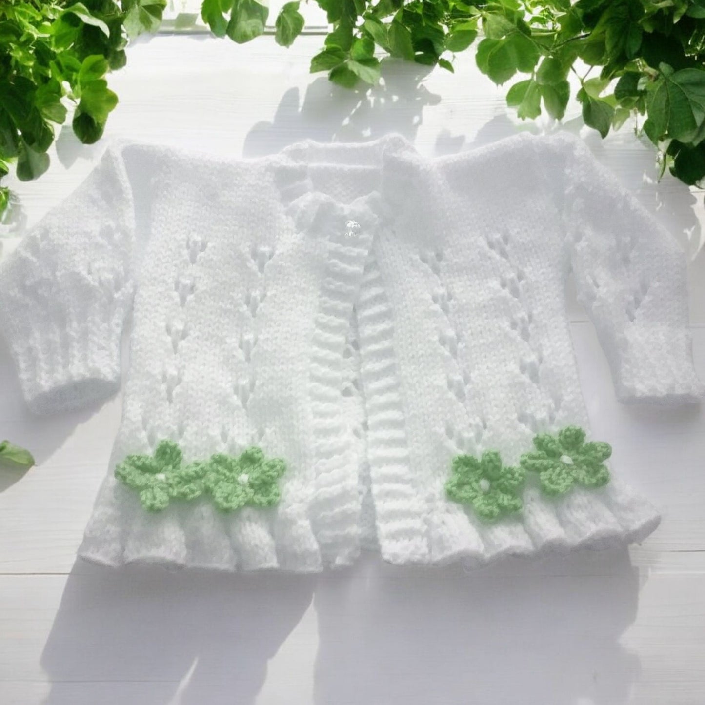 Girls Knitted Outfit – Cardigan, Headband & Boots Trimmed with Spring-Summer Flowers