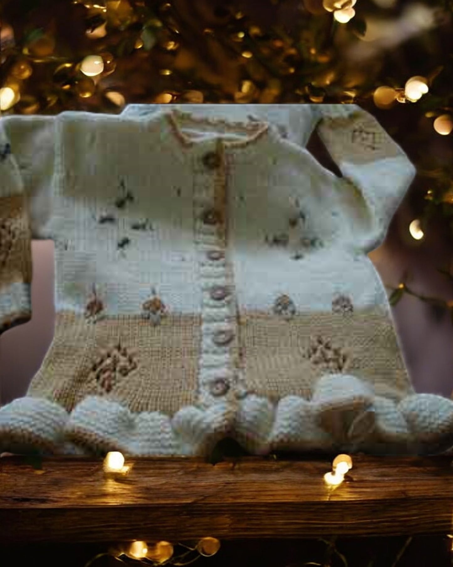 Two-Tone Girls Frilly Hand-Knitted Cardigan with Silk Embroidery