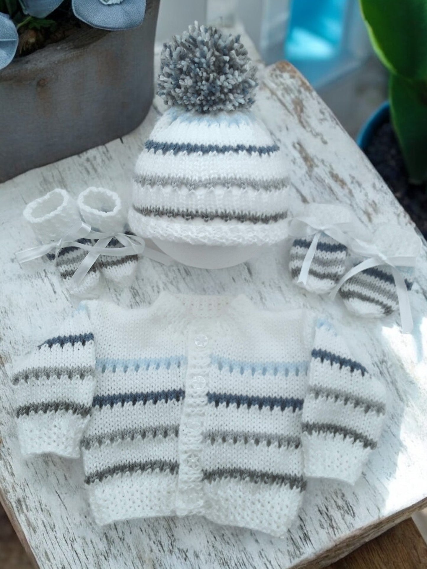 Stripy Knitted Baby Essentials – Cardigan, pom pom Hat, Mittens & Booties