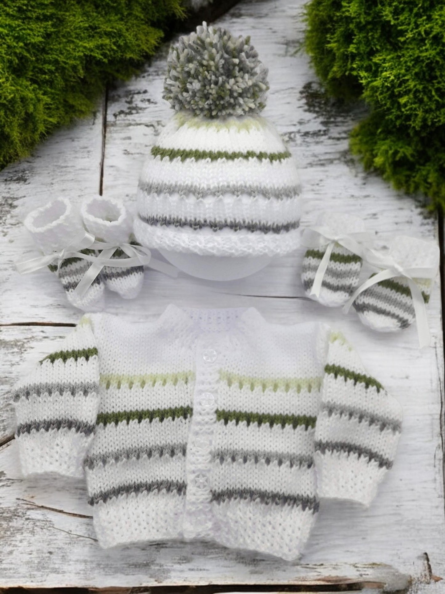 Stripy Knitted Baby Essentials – Cardigan, pom pom Hat, Mittens & Booties