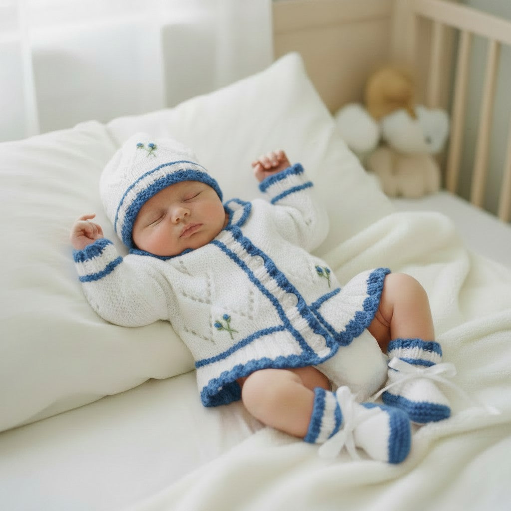 Frilly Baby Girl Cardigan with Beautiful Embroidery – Matching Hat, Mittens, and Boots Set