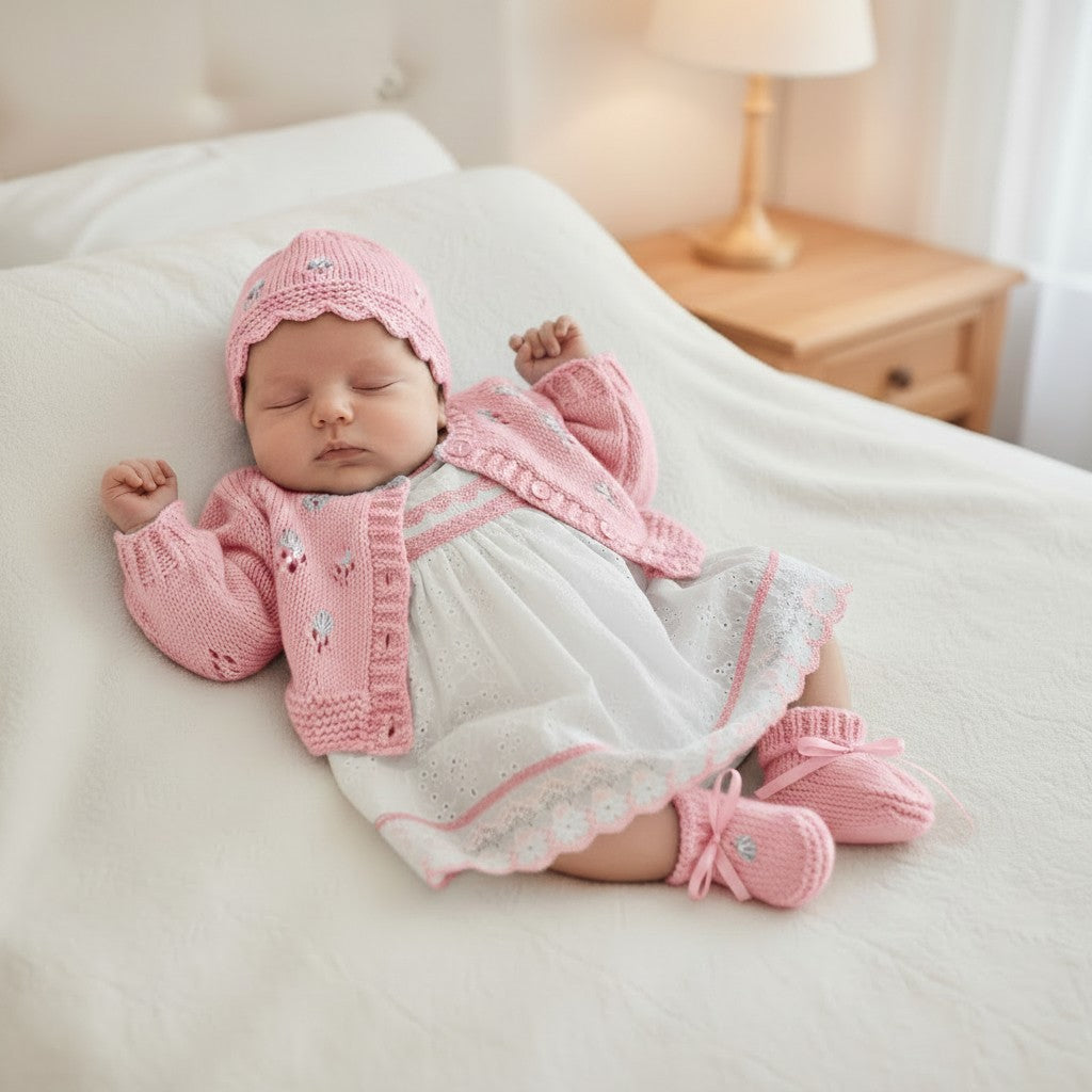 Girls' Knitted Outfit with Scalloped Hem & Embroidery – Matching Hat, Mittens, and Boots Set