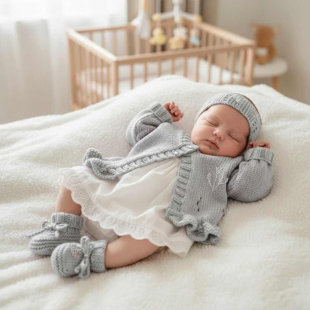 Girls knitted cardigan with matching headband & boots, beautifully embroidered outfit