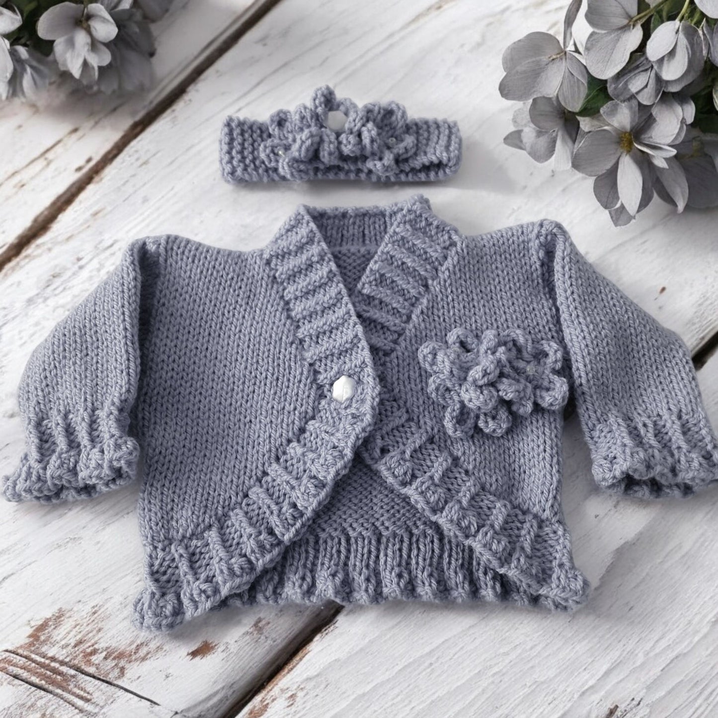 Hand Knitted Bolero Style Girls Cardigan with Knitted Flowers & Matching Headband – Perfect for Spring & Summer