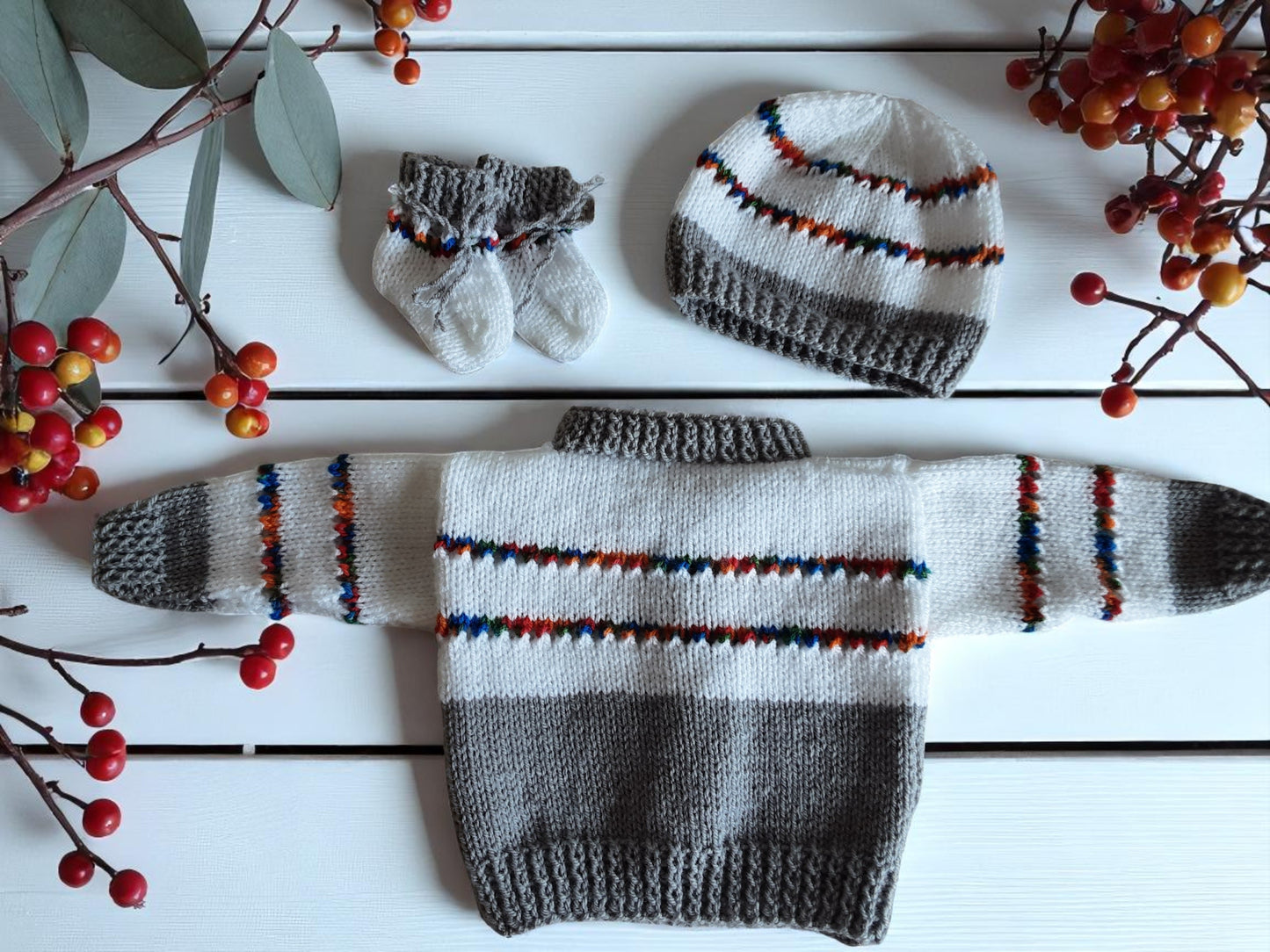 Boys' Knitted Cardigan Set – Hand-Knitted Cardigan, Hat, & Boots