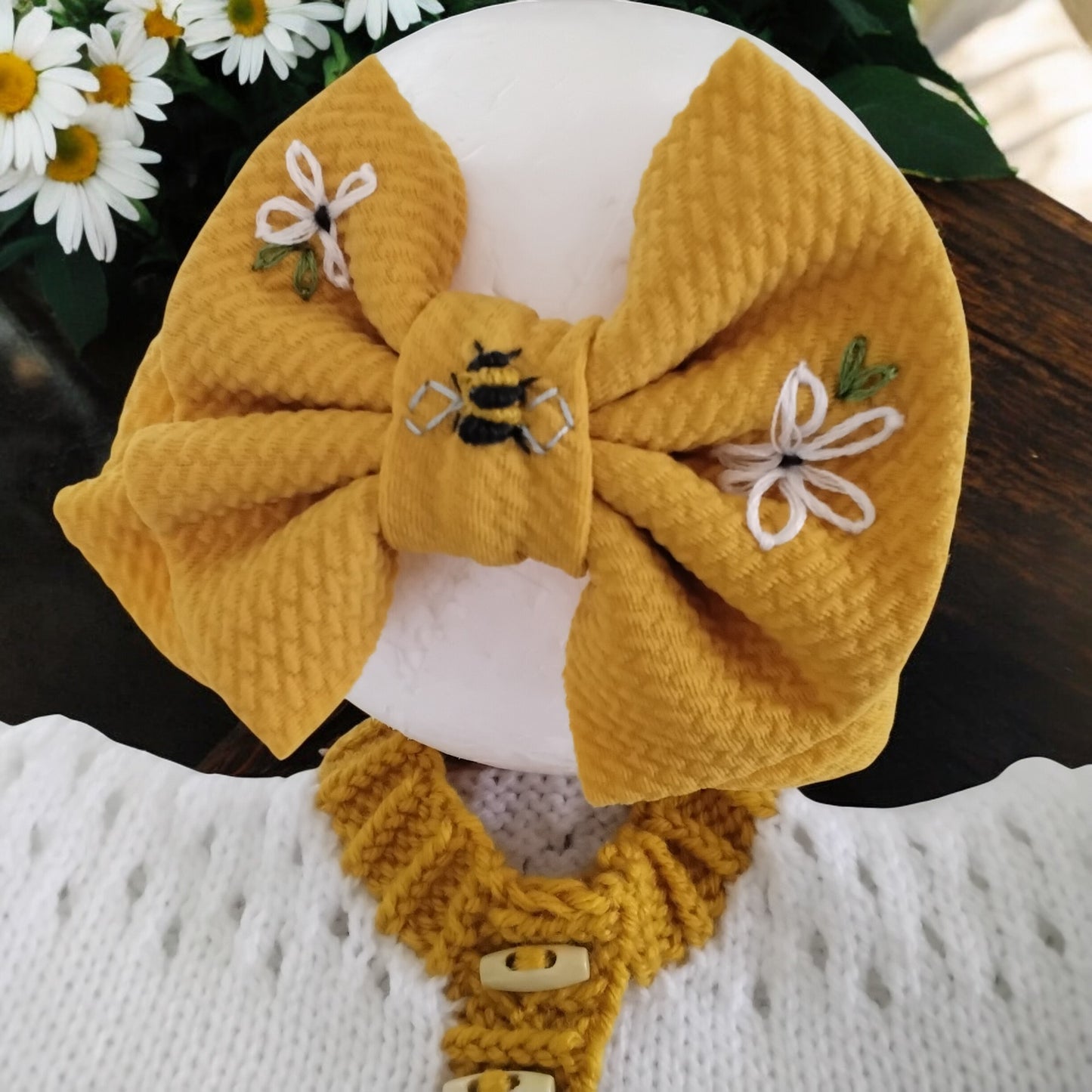 Hand Knitted Girls Cardigan Set with Bow Headband & Boots, Daisy & Bumblebee Embroidery
