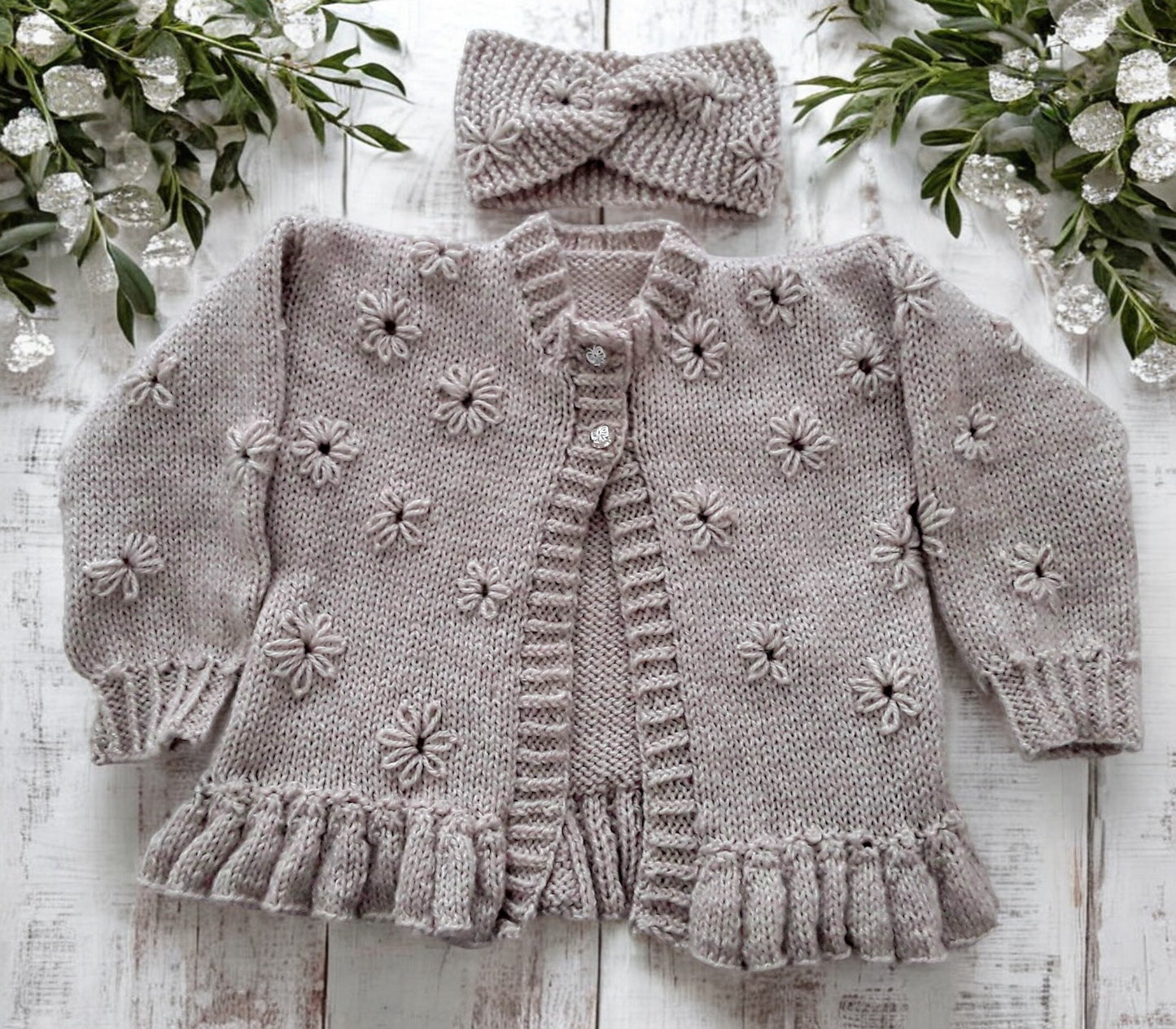 Hand Knitted Girls Cardigan & matching headband with Hand-Stitched Blooms