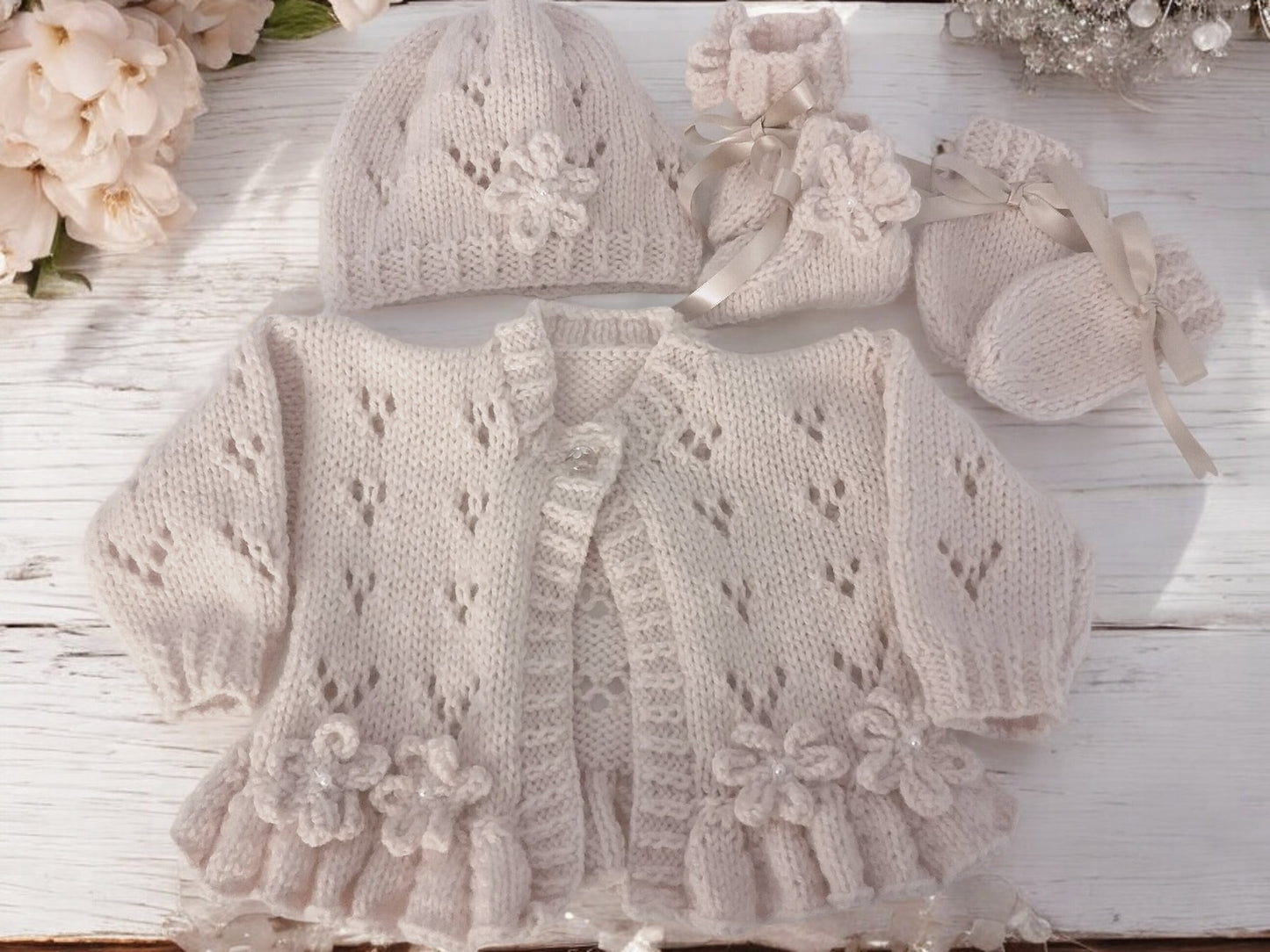 Hand-Knitted Baby Girl Cardigan with Fluted Hem & Flower trim with headband and booties