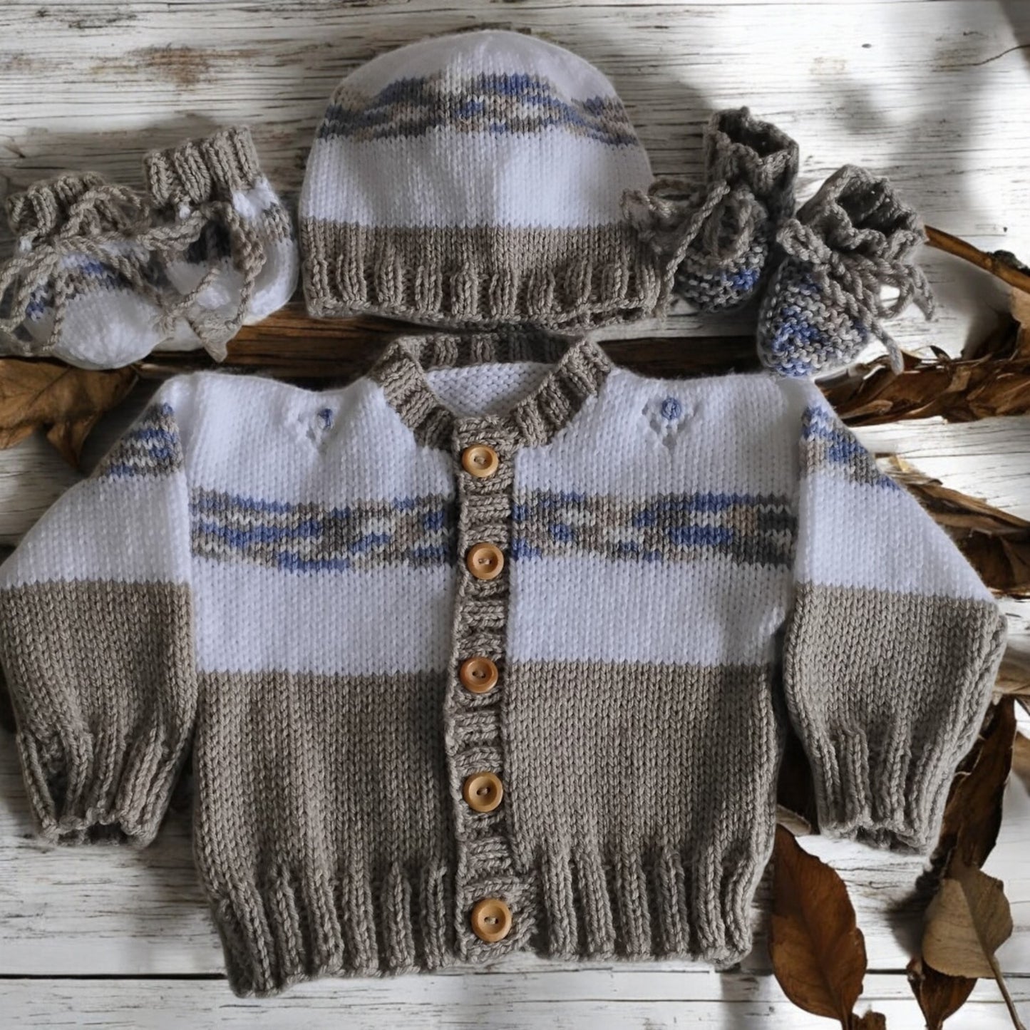 Boys' Star and Stripe Knitted Cardigan with Matching Hat and Boots – Playful Baby Boy Outfit