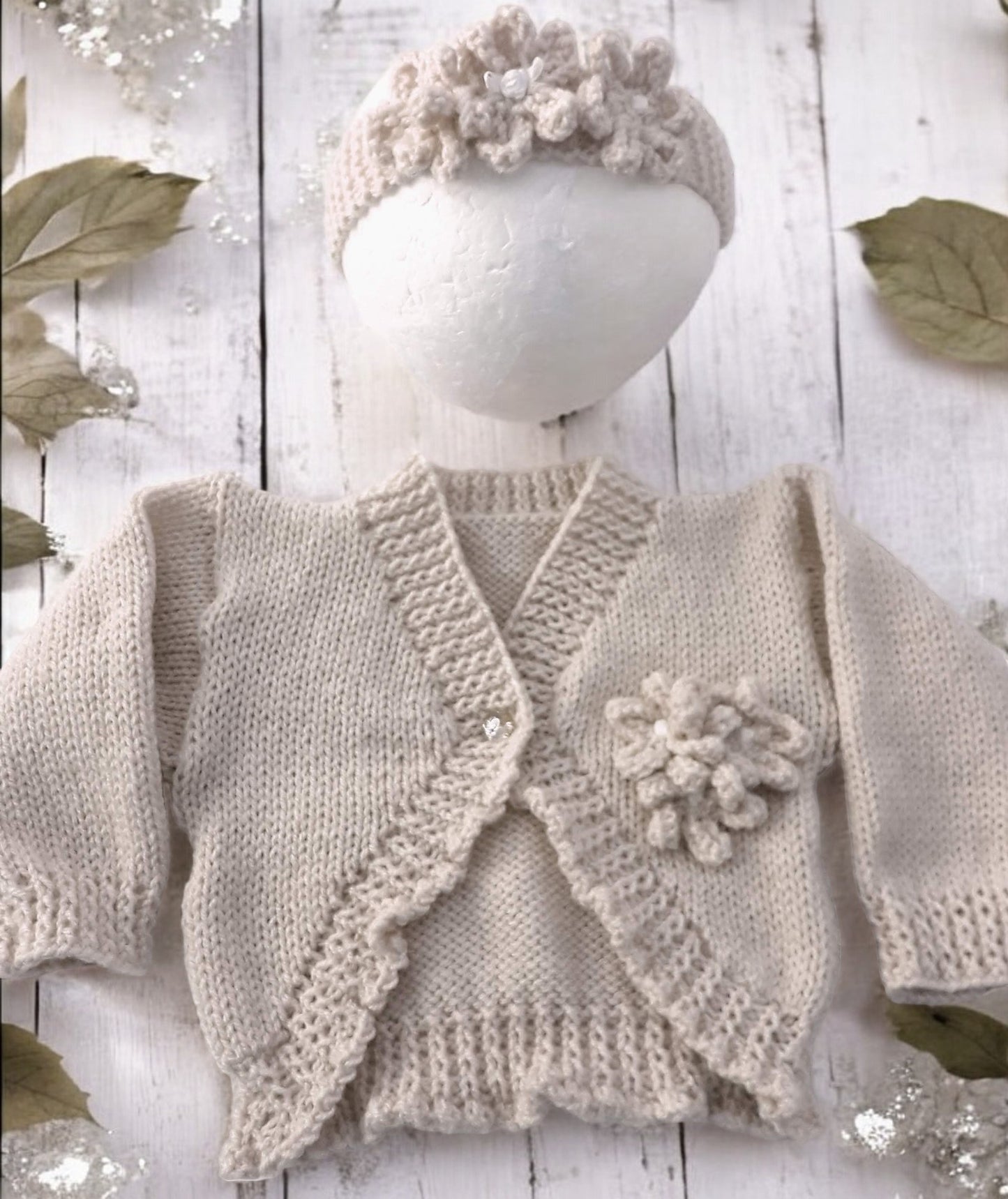 Hand Knitted Bolero Style Girls Cardigan with Knitted Flowers & Matching Headband – Perfect for Spring & Summer