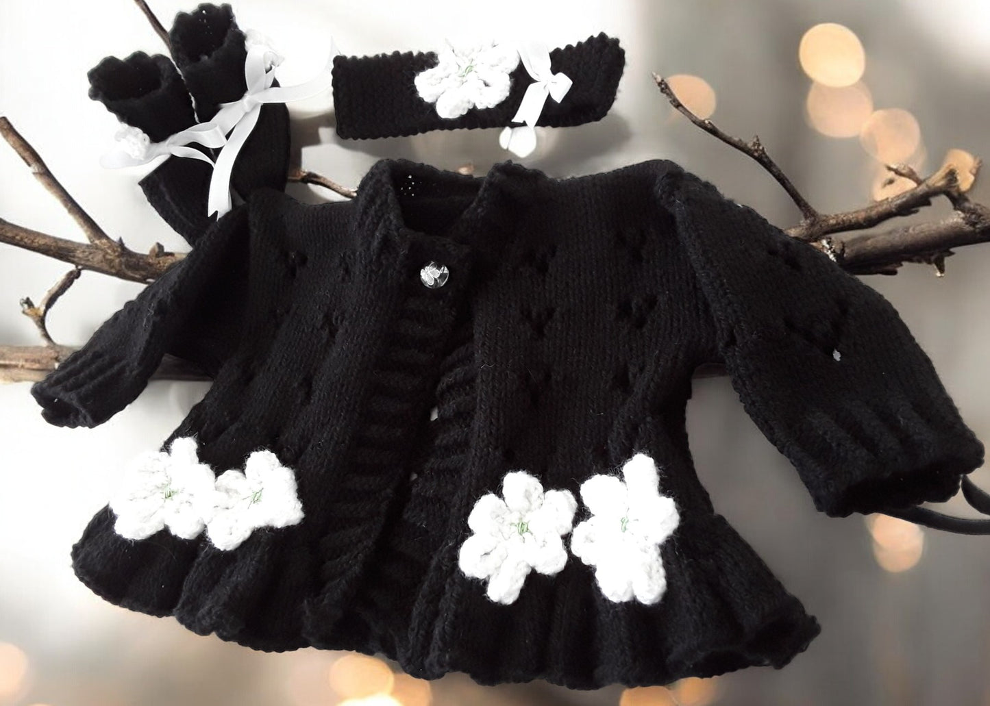 baby girl cardigan, headband & booties in jewel colour