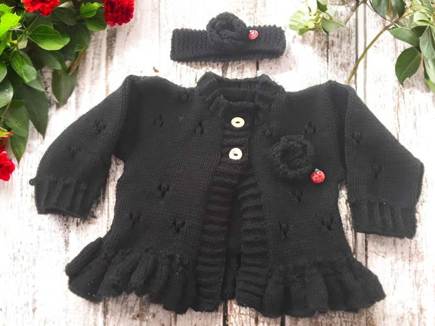 Hand Knitted Girls Cardigan & matching headband knitted flower & ladybird trim