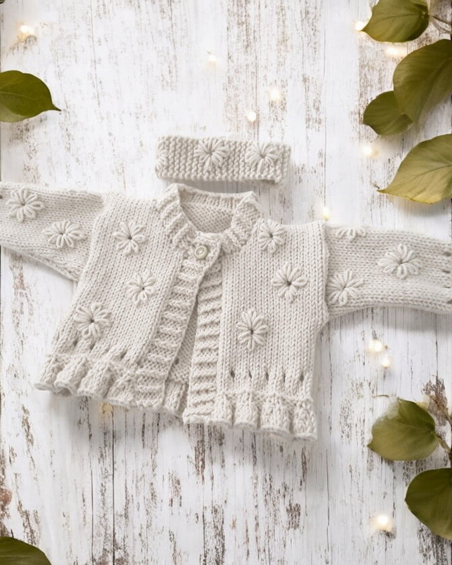 Hand Knitted Girls Cardigan & matching headband with Hand-Stitched Blooms