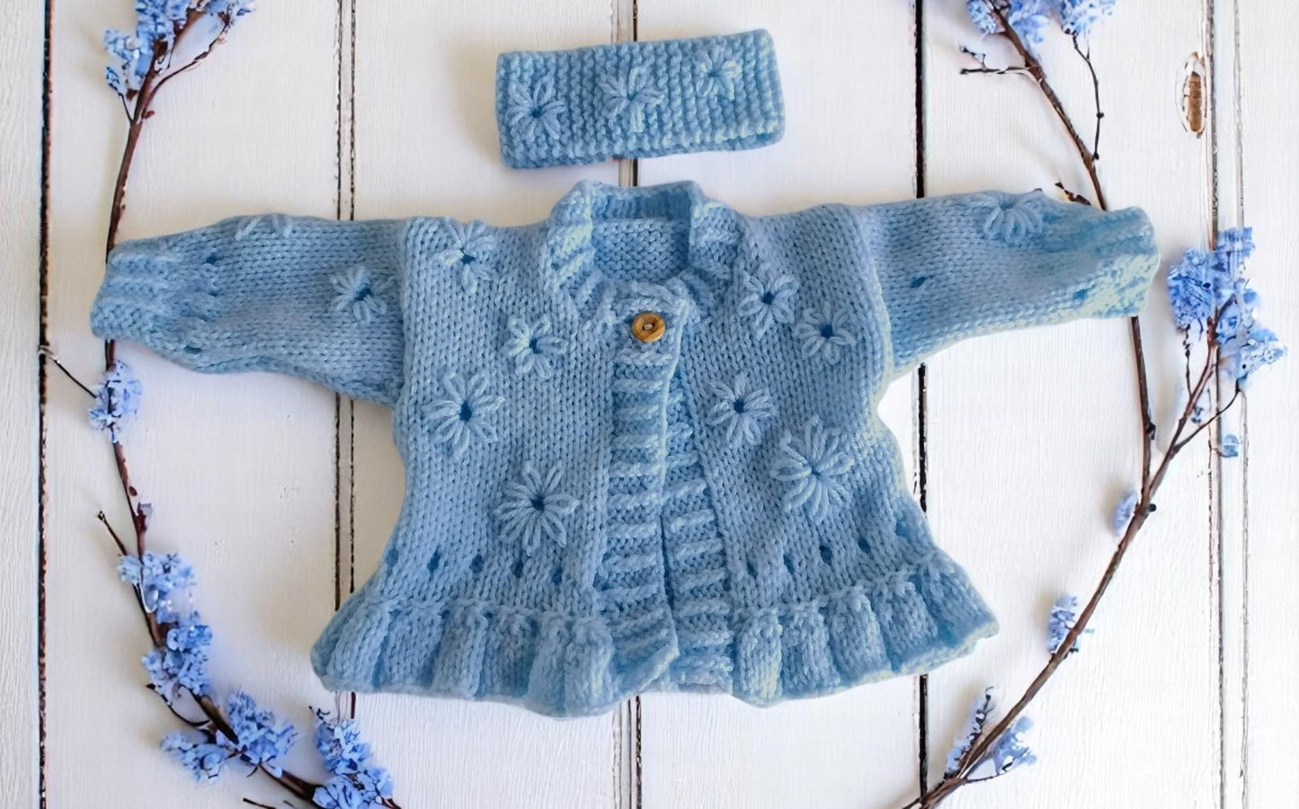 Hand Knitted Girls Cardigan & matching headband with Hand-Stitched Blooms