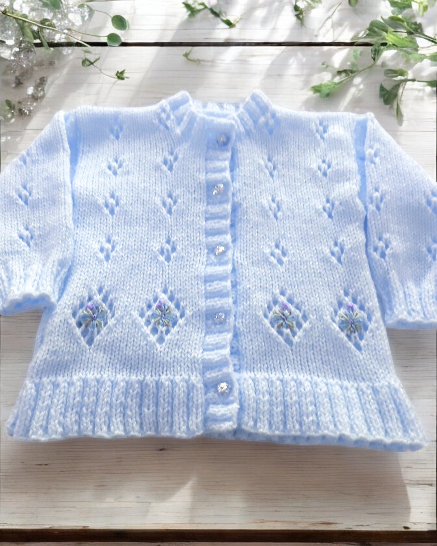 Girls knitted cardigan with diamond lacy design and embroidery