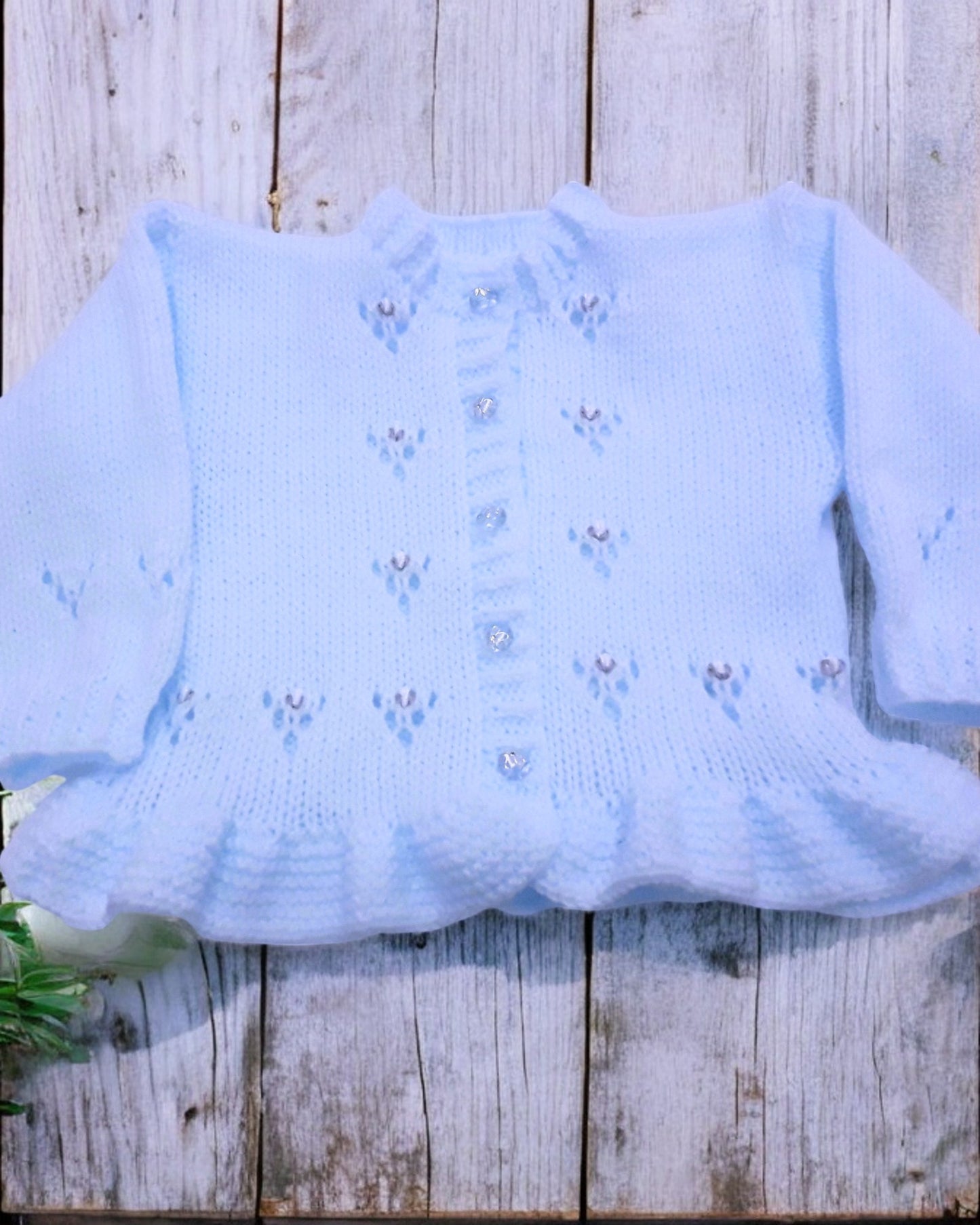 Frilly Baby Girl Cardigan with Beautiful Embroidery – Matching Hat, Mittens, and Boots Set