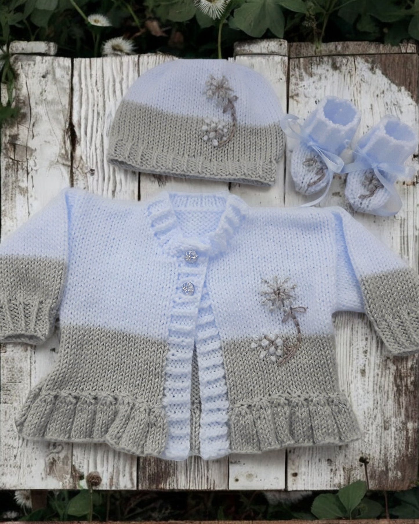 Girls knitted cardigan with matching hat & boots, beautifully embroidered outfit - gemknits4kids