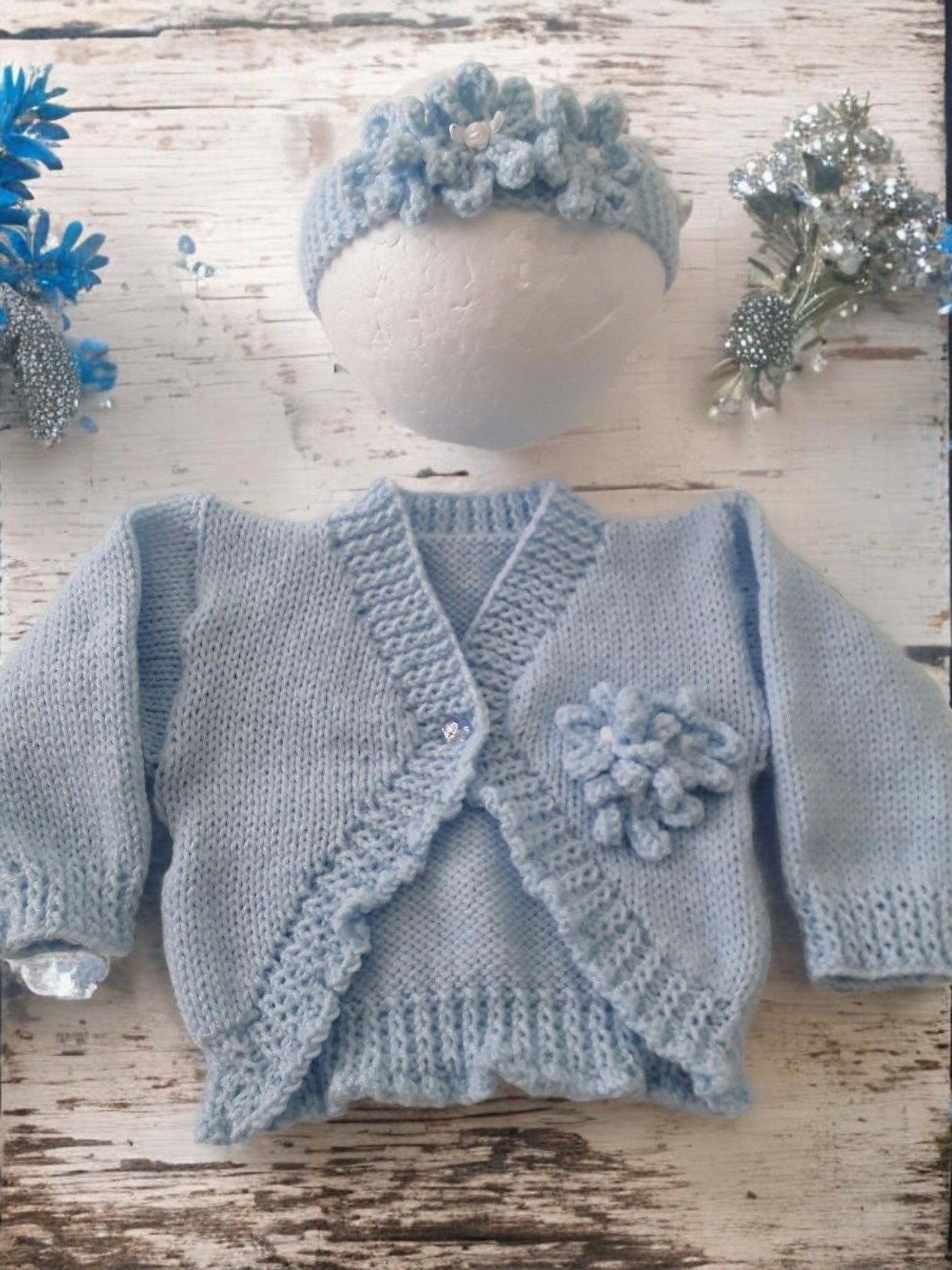 Hand Knitted Bolero Style Girls Cardigan with Knitted Flowers & Matching Headband – Perfect for Spring & Summer
