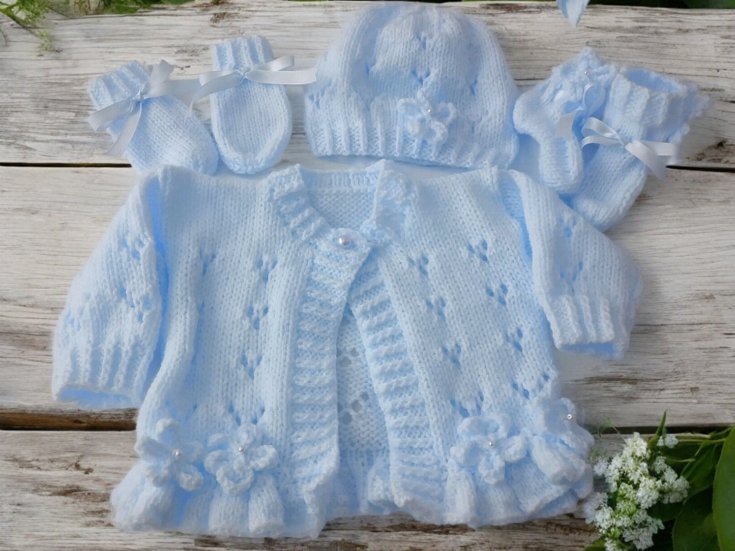Hand-Knitted Baby Girl Cardigan with Fluted Hem & Flower trim with headband and booties