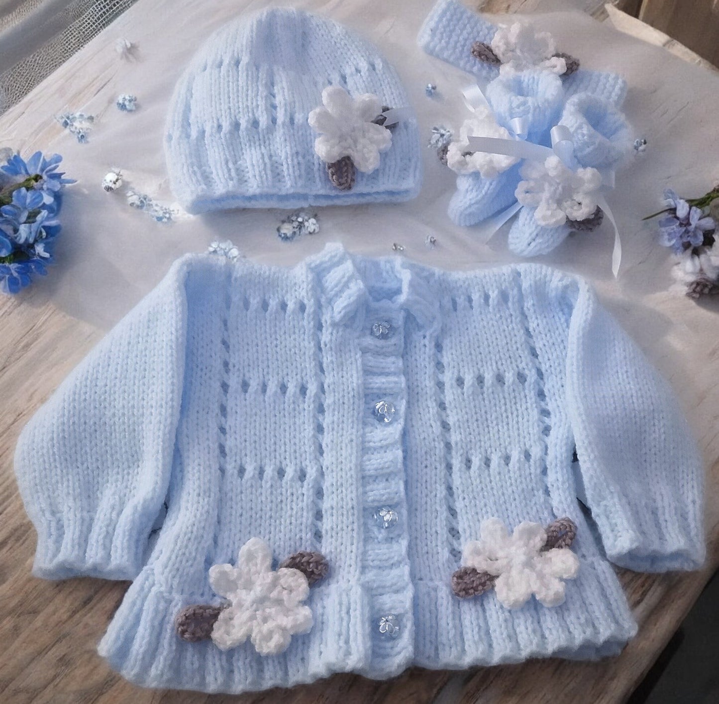 Baby Girl Fluted Hem Cardigan with hat, headband and boots, Flower & leaf Trim