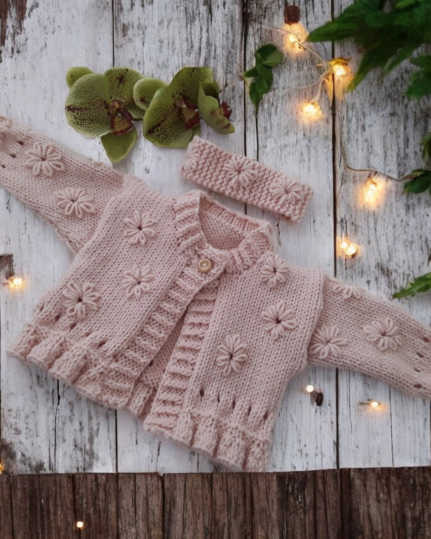Hand Knitted Girls Cardigan & matching headband with Hand-Stitched Blooms