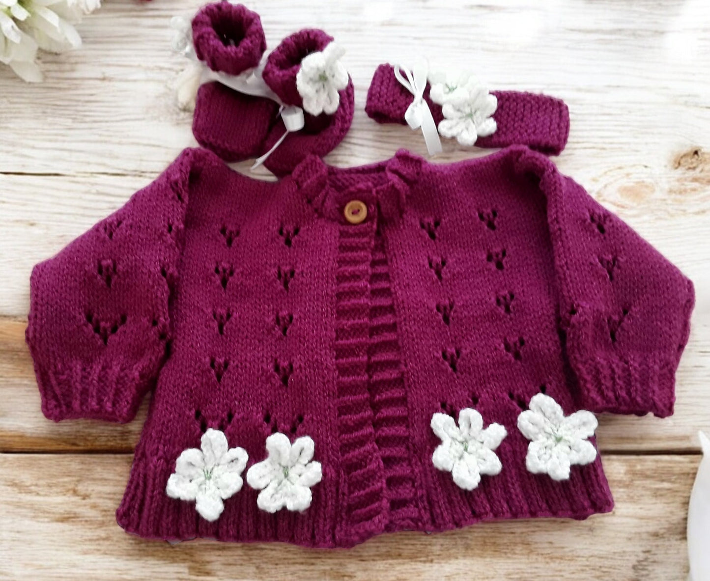 baby girl cardigan, headband & booties in jewel colour