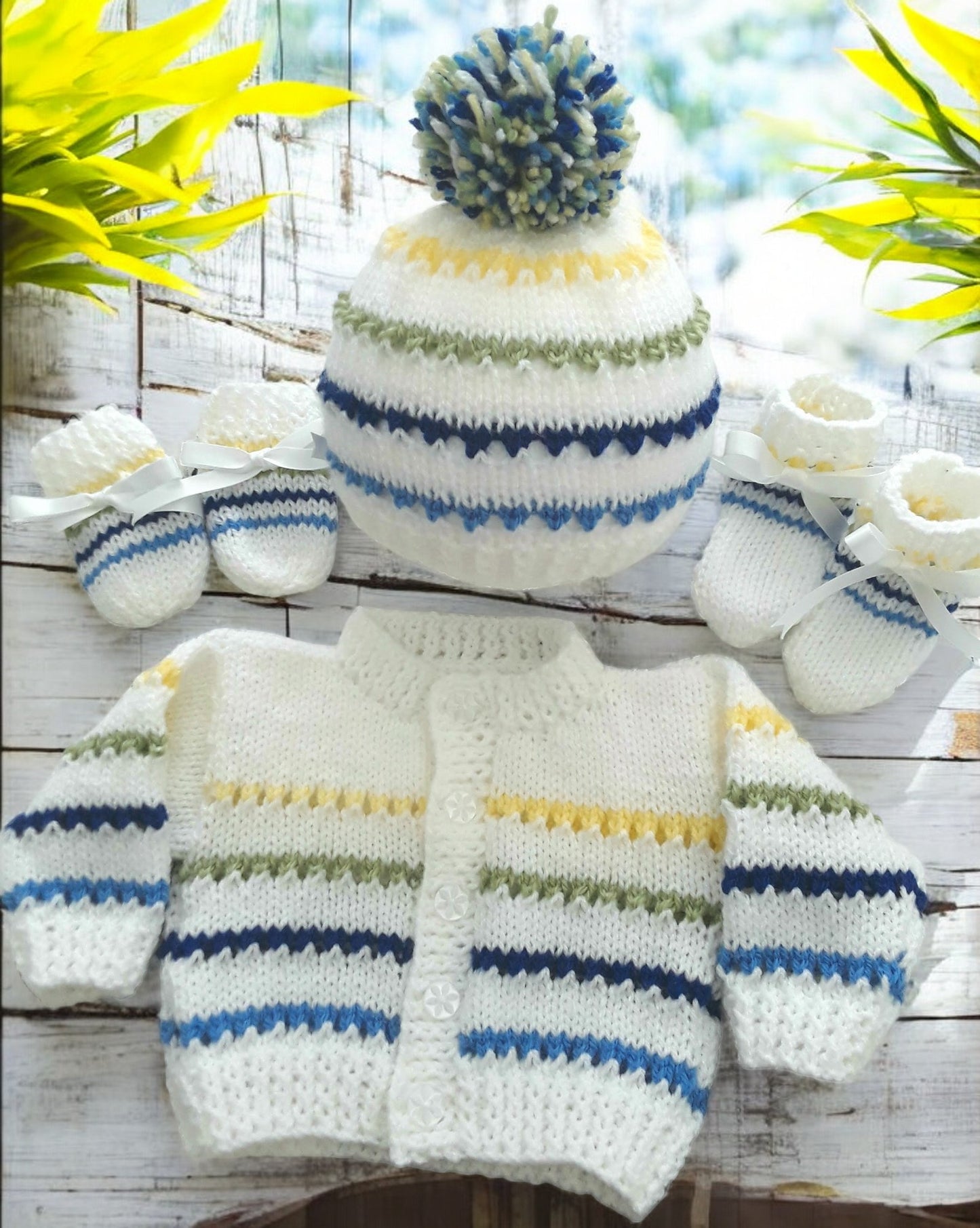 Stripy Knitted Baby Essentials – Cardigan, pom pom Hat, Mittens & Booties