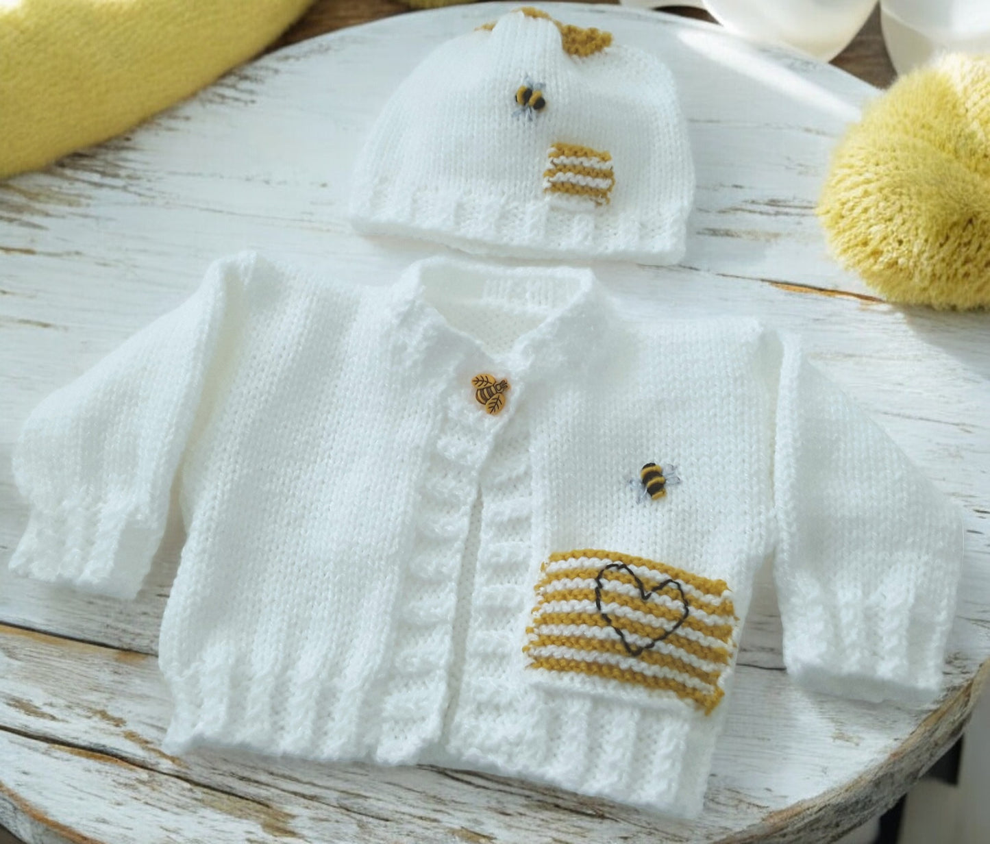 Hand knitted baby cardigan with hat embroidered with bumble bee- ladybird - caterpillar design