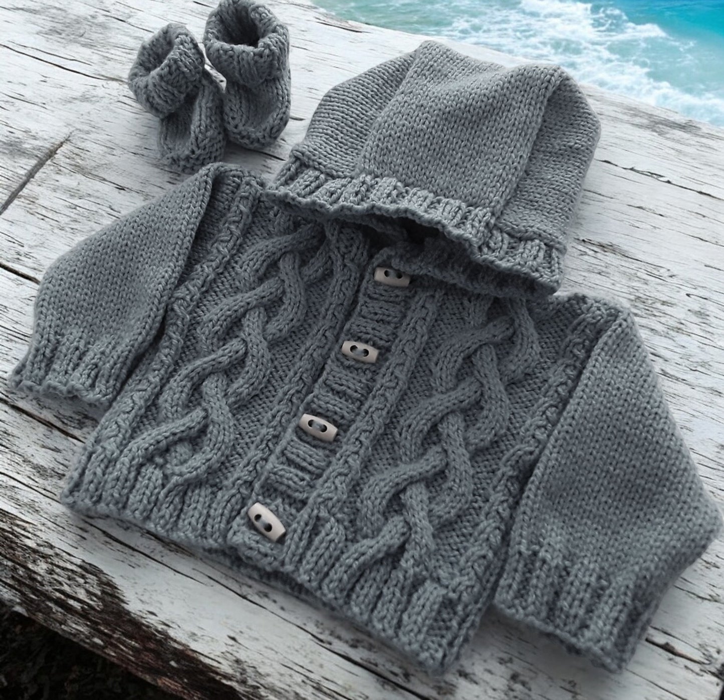 Boys' Cable Front Knitted Hoodie with Matching Boots – Cozy Baby Boy Outfit