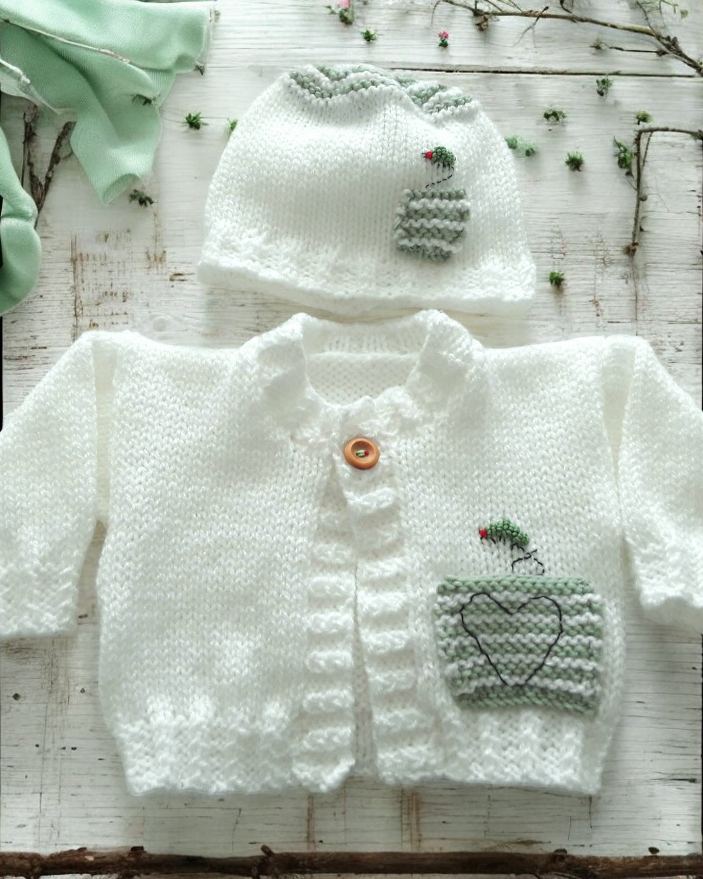Hand knitted baby cardigan with hat embroidered with bumble bee- ladybird - caterpillar design