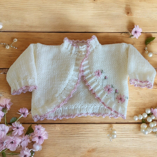 Knitted Girls Bolero-Style Cardigan with Stunning Hand-Stitched Embroidery