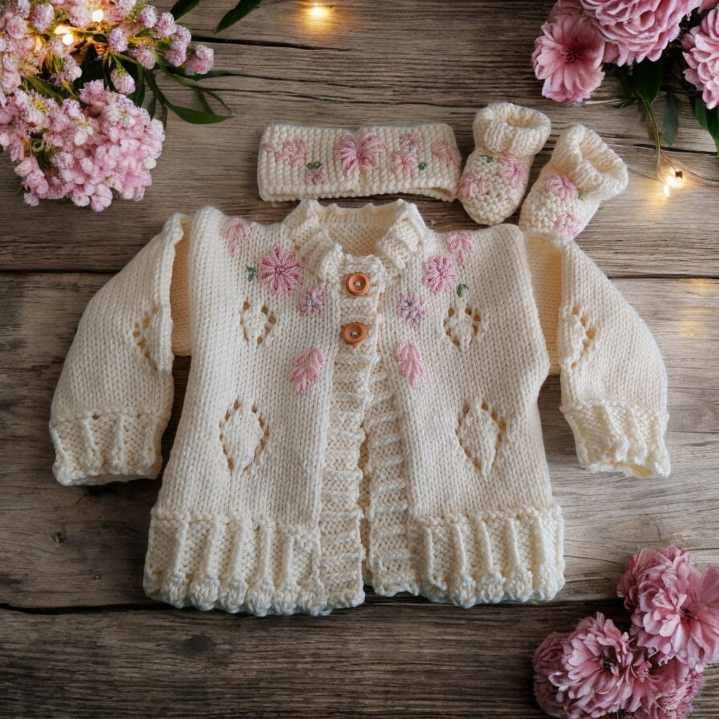 Charming Girls' Embroidered Cardigan Set: Headband & Boots Included