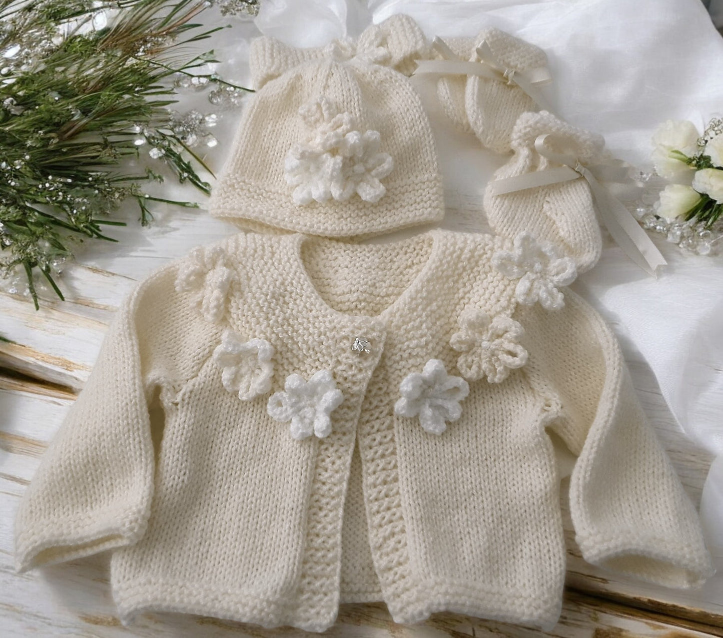 Hand Knitted Girls Cardigan with Yoke Design and Knitted Daisy Trim