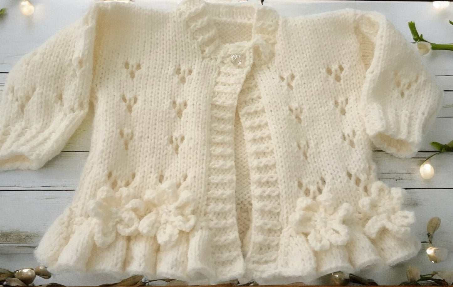 Hand-Knitted Baby Girl Cardigan with Fluted Hem & Flower trim with headband and booties