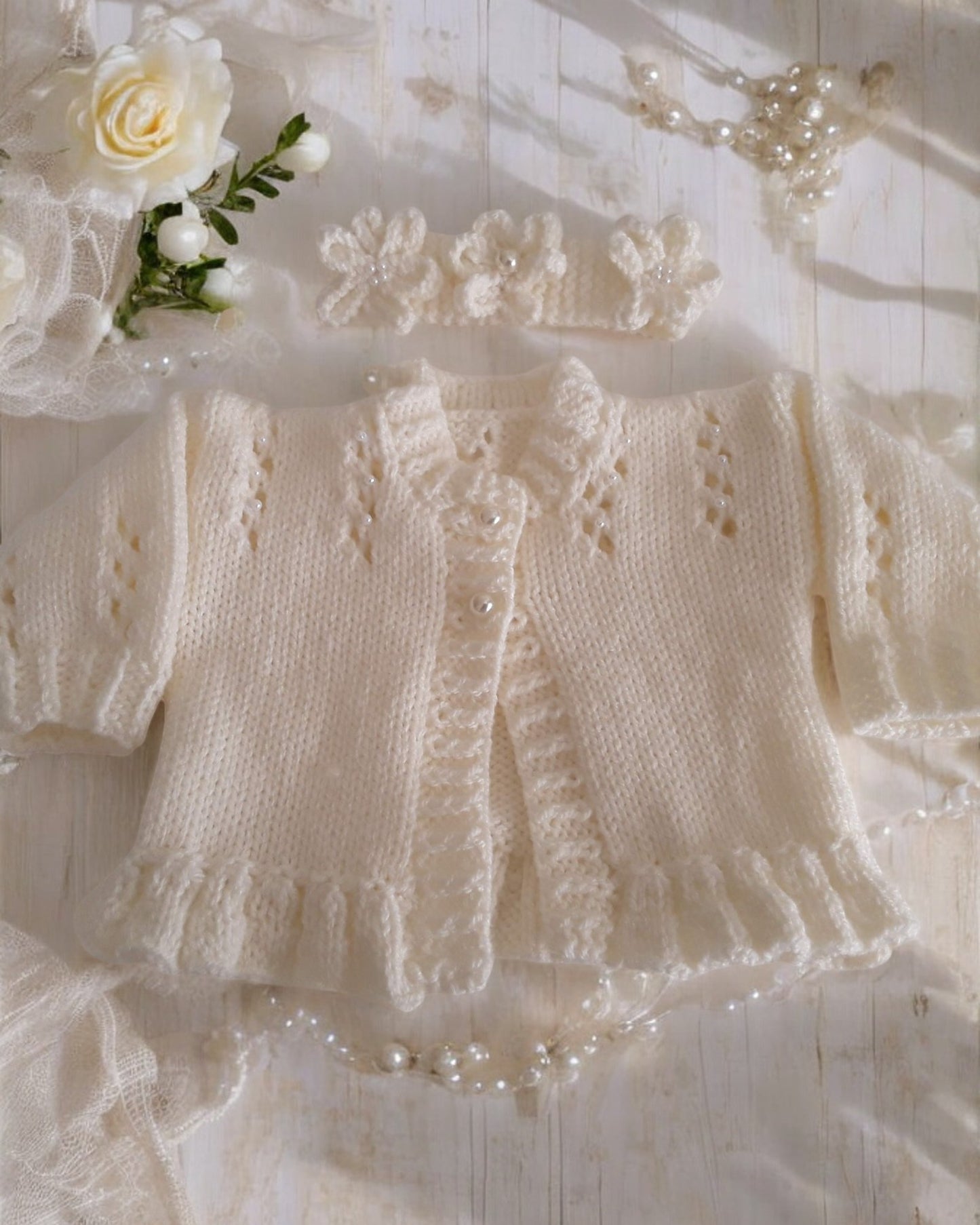 Hand Knitted Pearl-Trimmed Girls Cardigan with Matching Headband – Perfect for Christenings