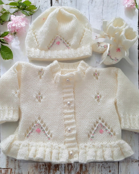 Hand Knitted Girls Cardigan with Delicate Lace Pattern & Silk Flower Embroidery
