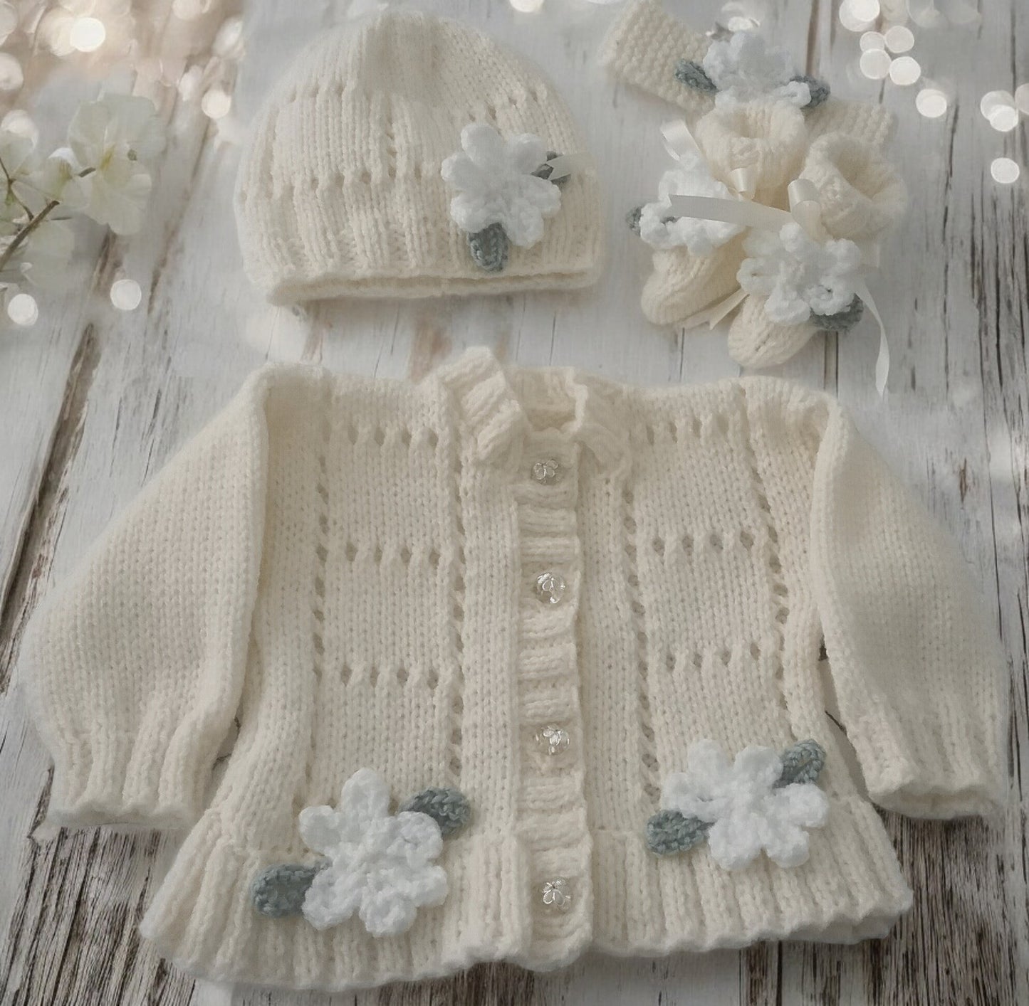 Baby Girl Fluted Hem Cardigan with hat, headband and boots, Flower & leaf Trim