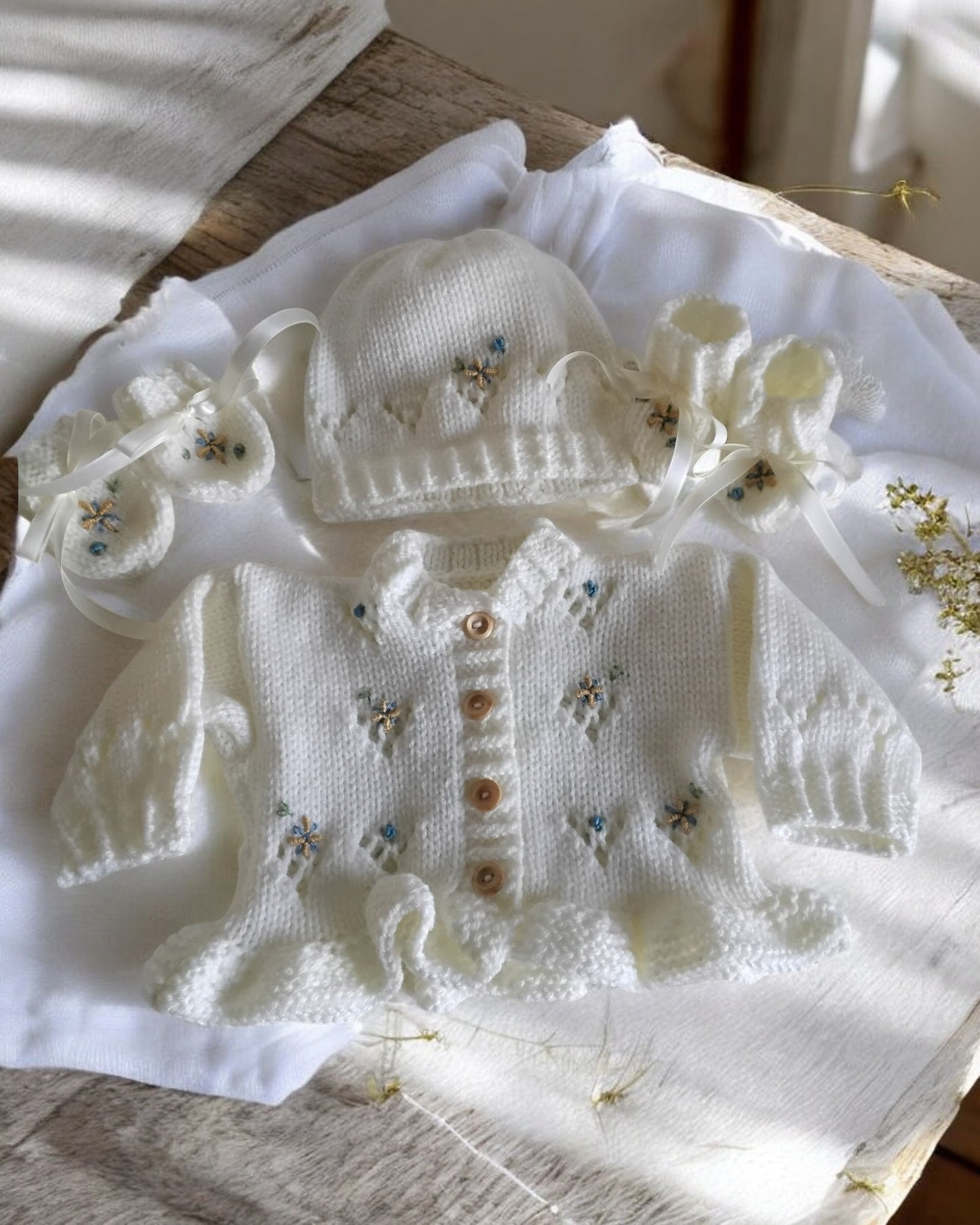 Frilly Baby Girl Cardigan with Beautiful Embroidery – Matching Hat, Mittens, and Boots Set