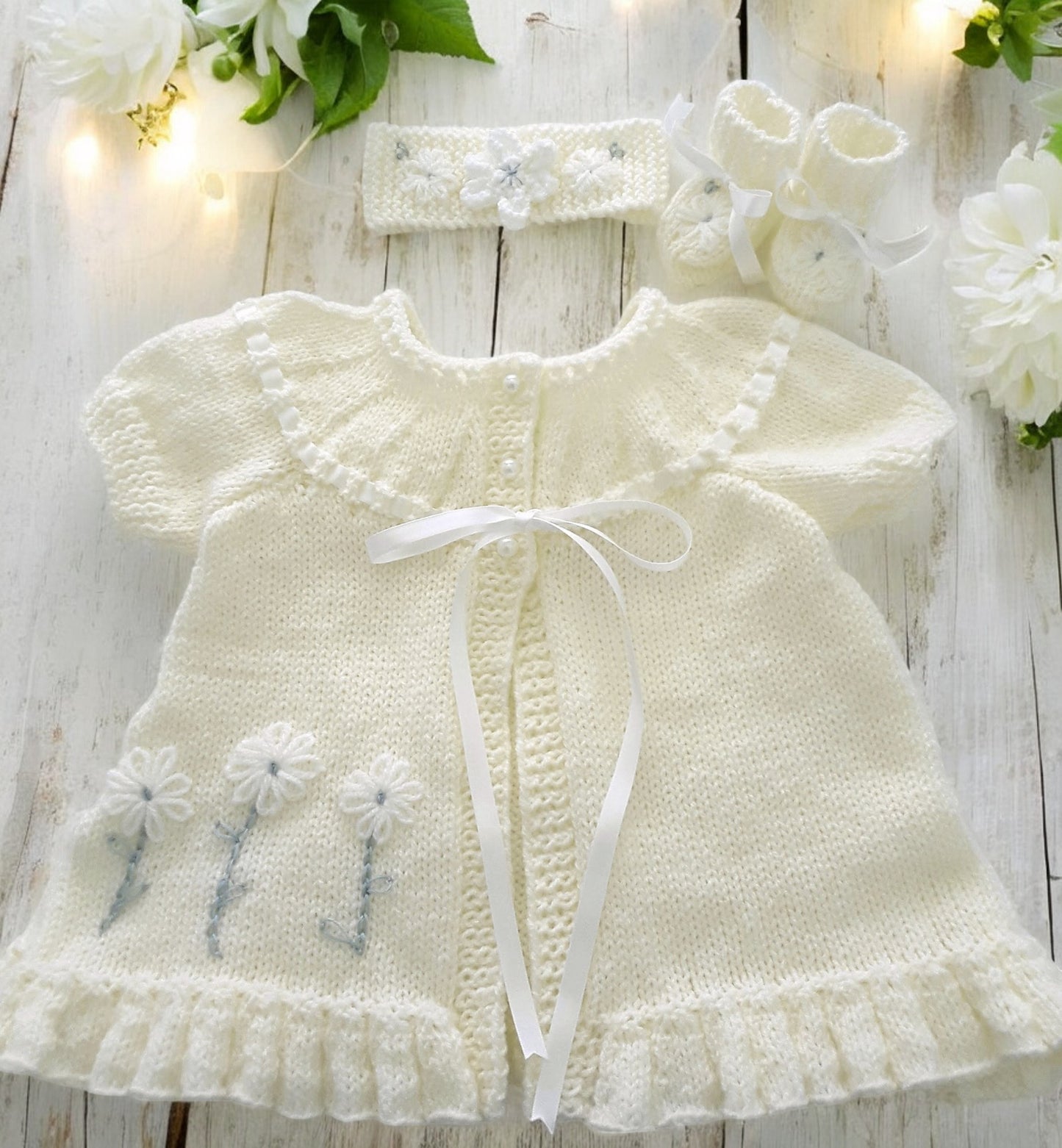 Beautiful Baby Girl Yoke Cardigan with Coordinated Headband & Booties
